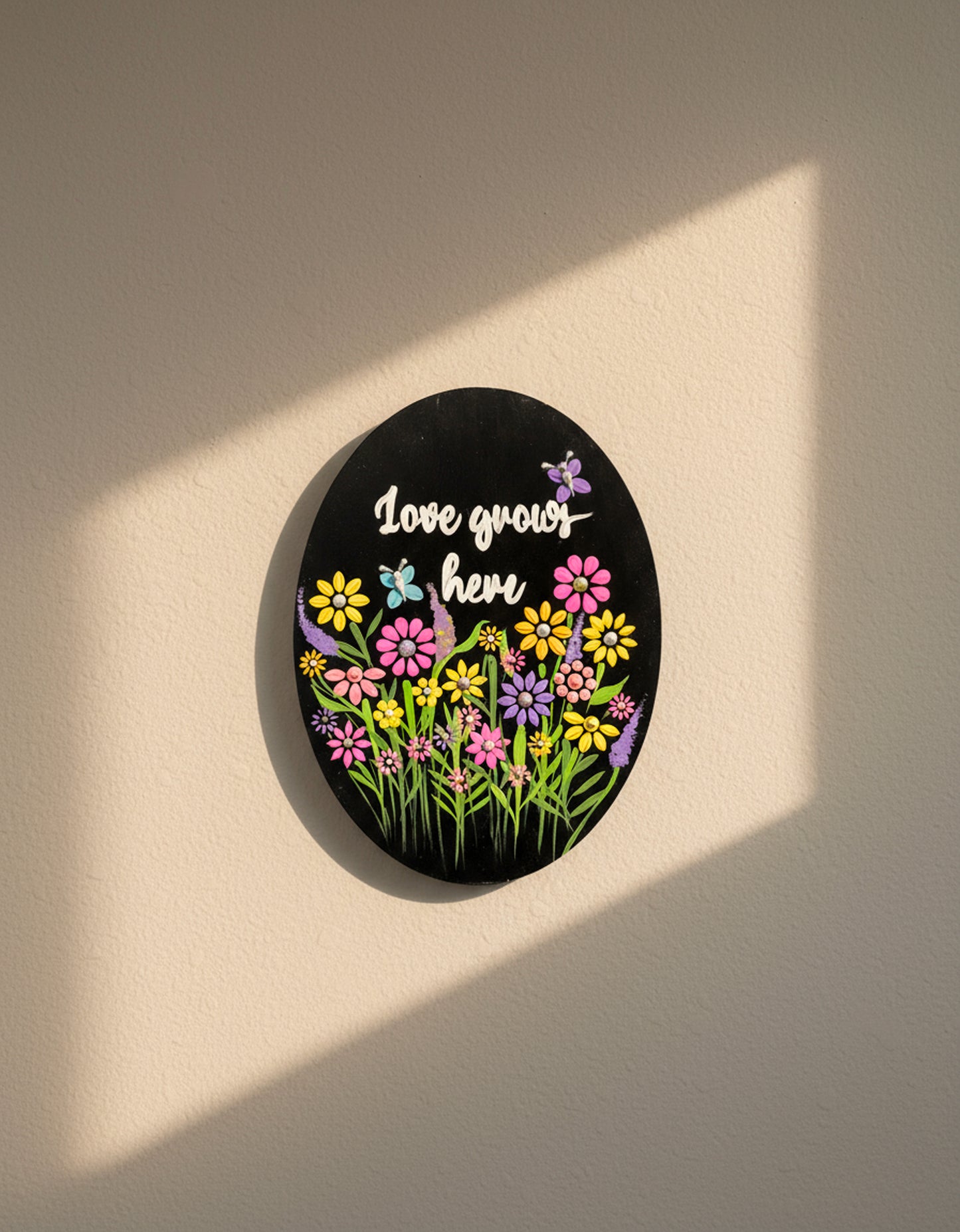 Hand-Painted Floral Dot Mandala Wall Hanging – “Love Grows Here”