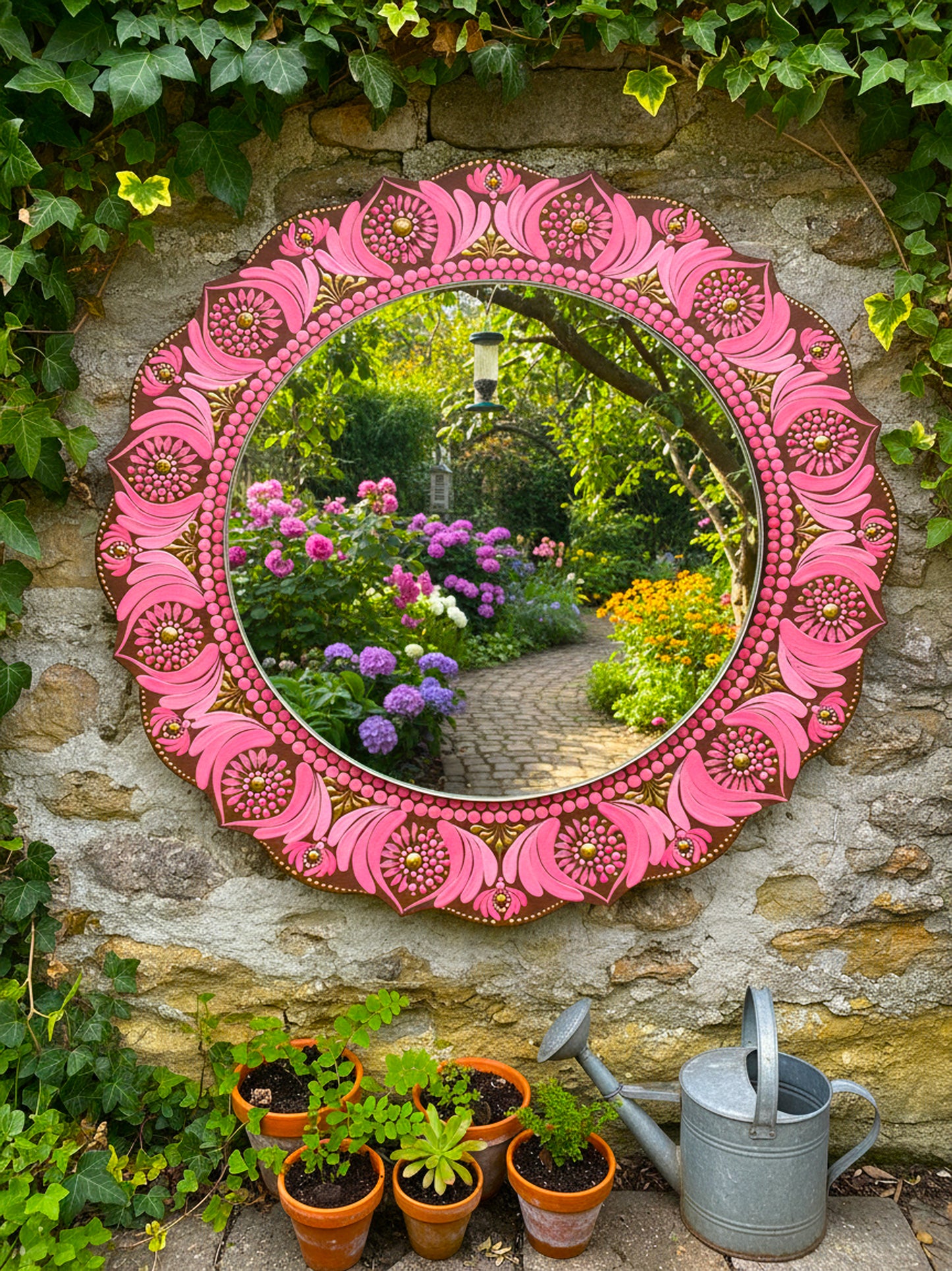 Hand-Painted Earthy Pink Dot Mandala Art Mirror – 12” Round Wall Accent | Elegant Boho Home Décor
