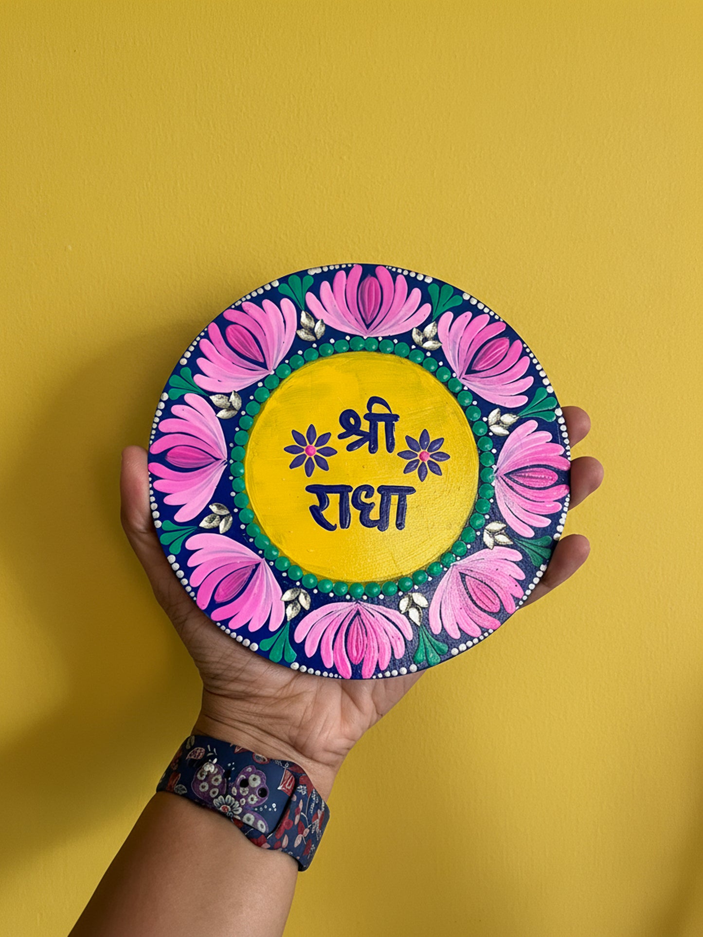 Hand-Painted "Shri Radha" Mandala Dot Art Plate – Divine & Vibrant Wall Decor