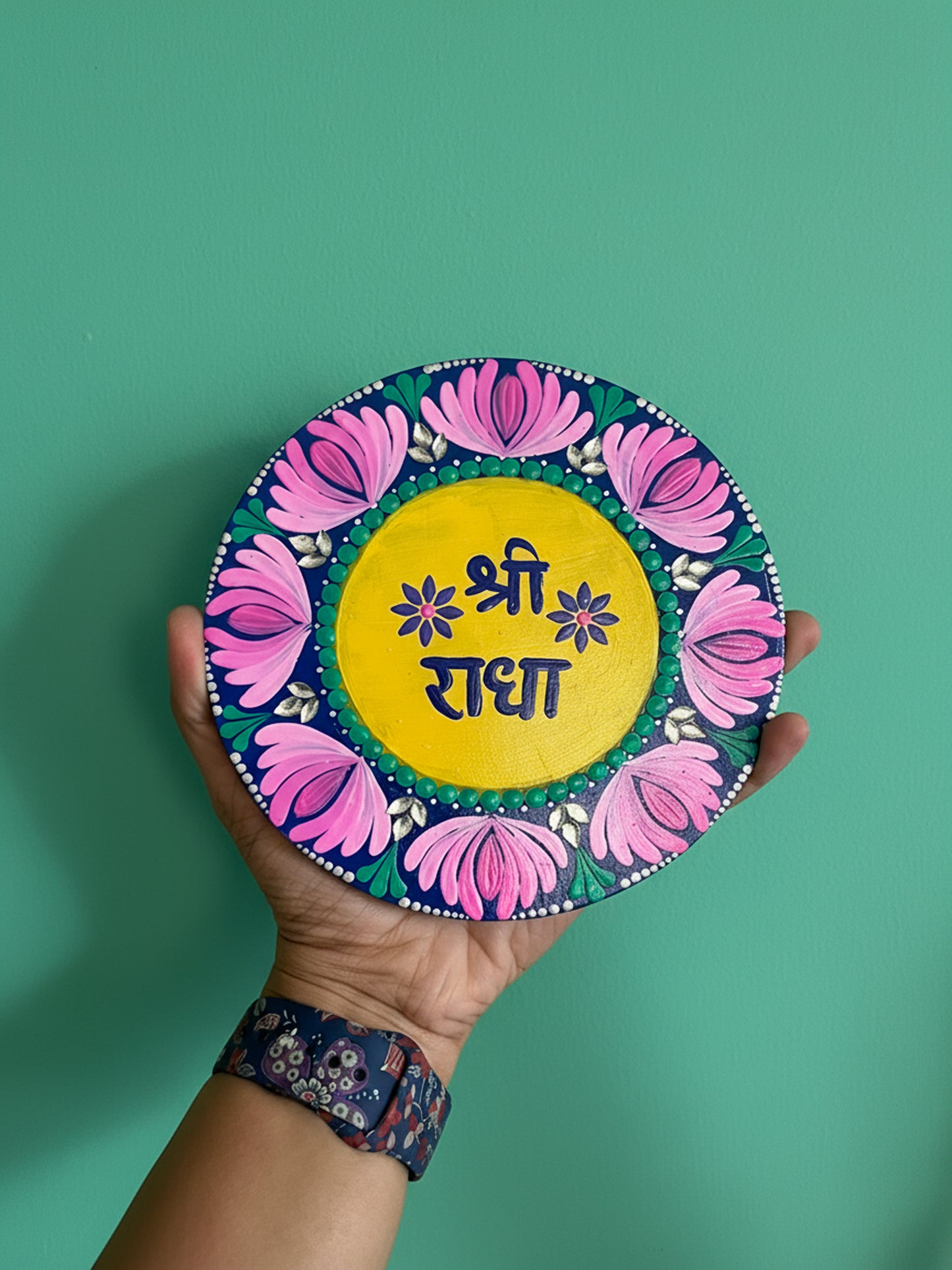Hand-Painted "Shri Radha" Mandala Dot Art Plate – Divine & Vibrant Wall Decor