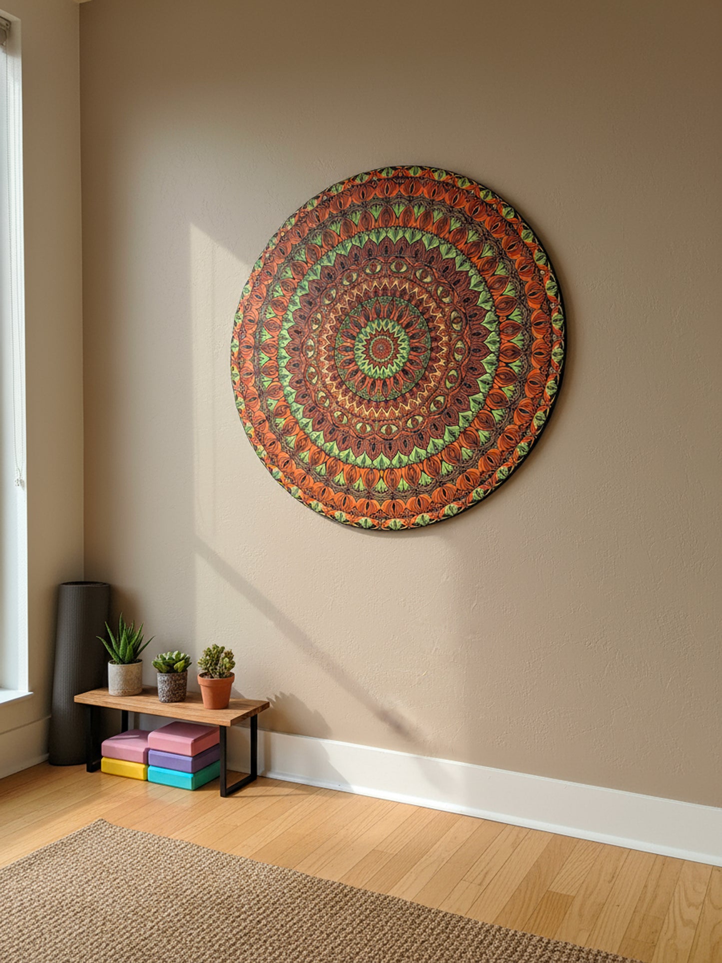 Hand-Painted 3ft Mandala Wall Art – Intricate Dot Art in Orange & Green | Large Statement Home Décor