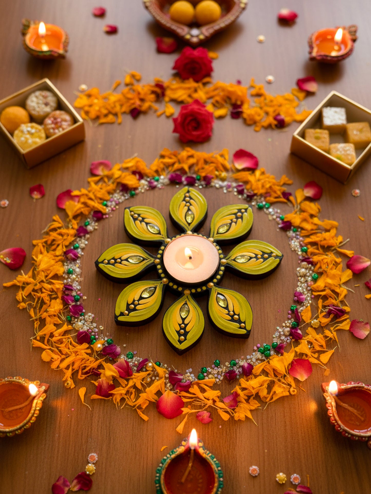 Golden Glow – Hand-Painted Floral Tealight Holder