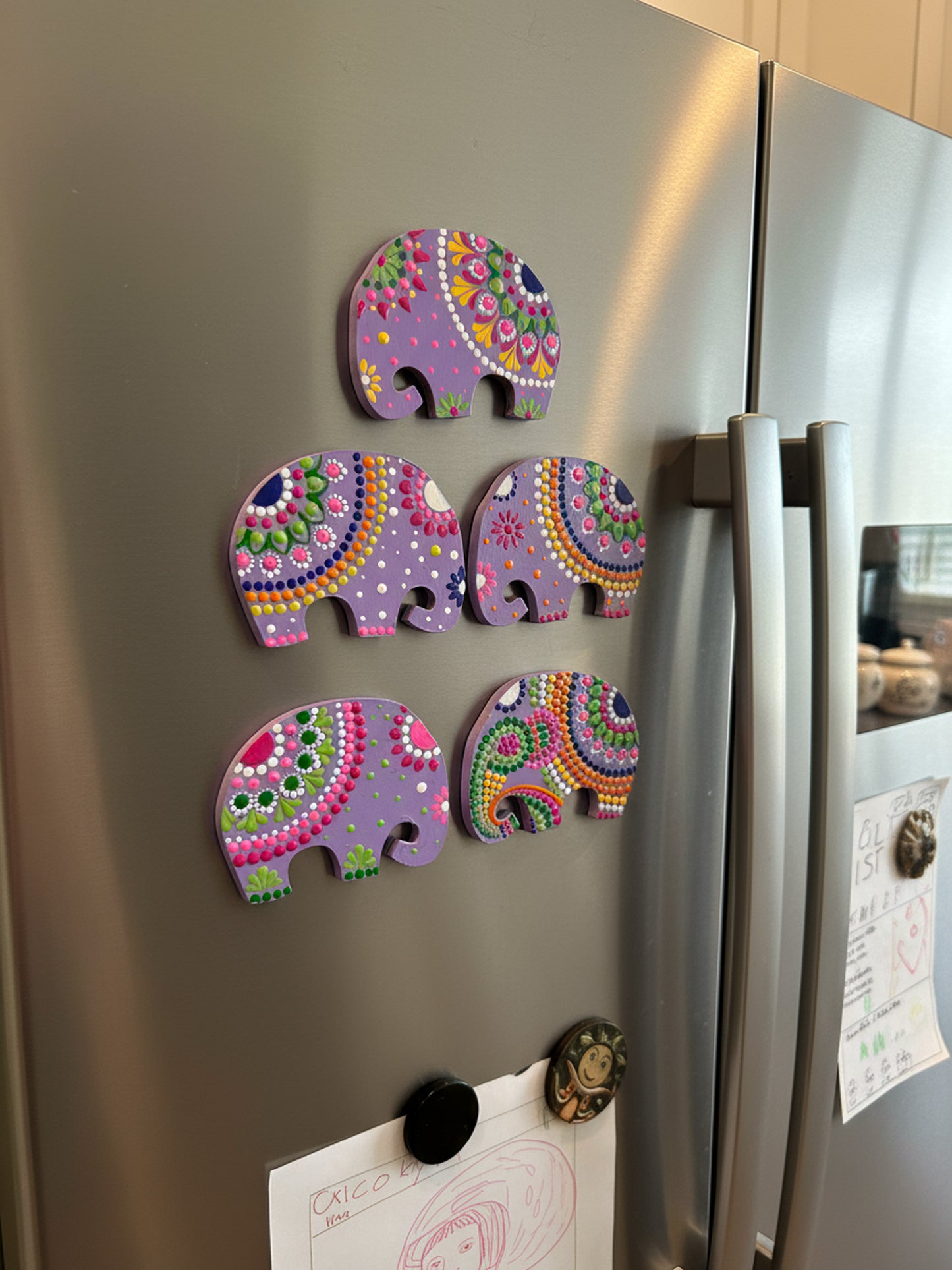 Lavender Bliss Elephants – Hand-Painted Mandala Dot Art Magnets