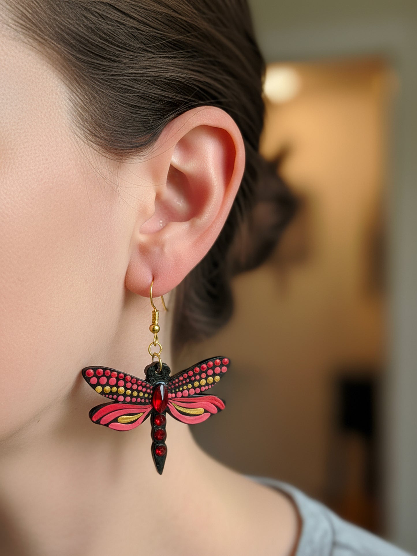 Mystic Dragonfly Mandala Earrings – Handpainted Art in Peacock Shades