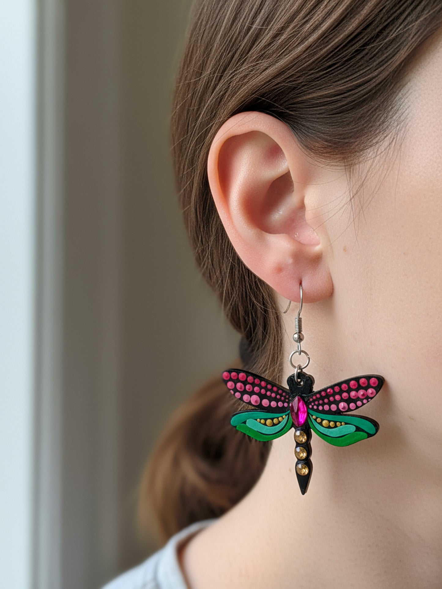 Mystic Dragonfly Mandala Earrings – Handpainted Art in Peacock Shades