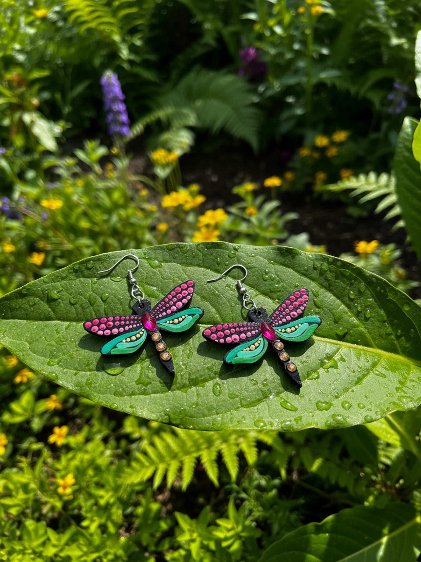Mystic Dragonfly Mandala Earrings – Handpainted Art in Peacock Shades