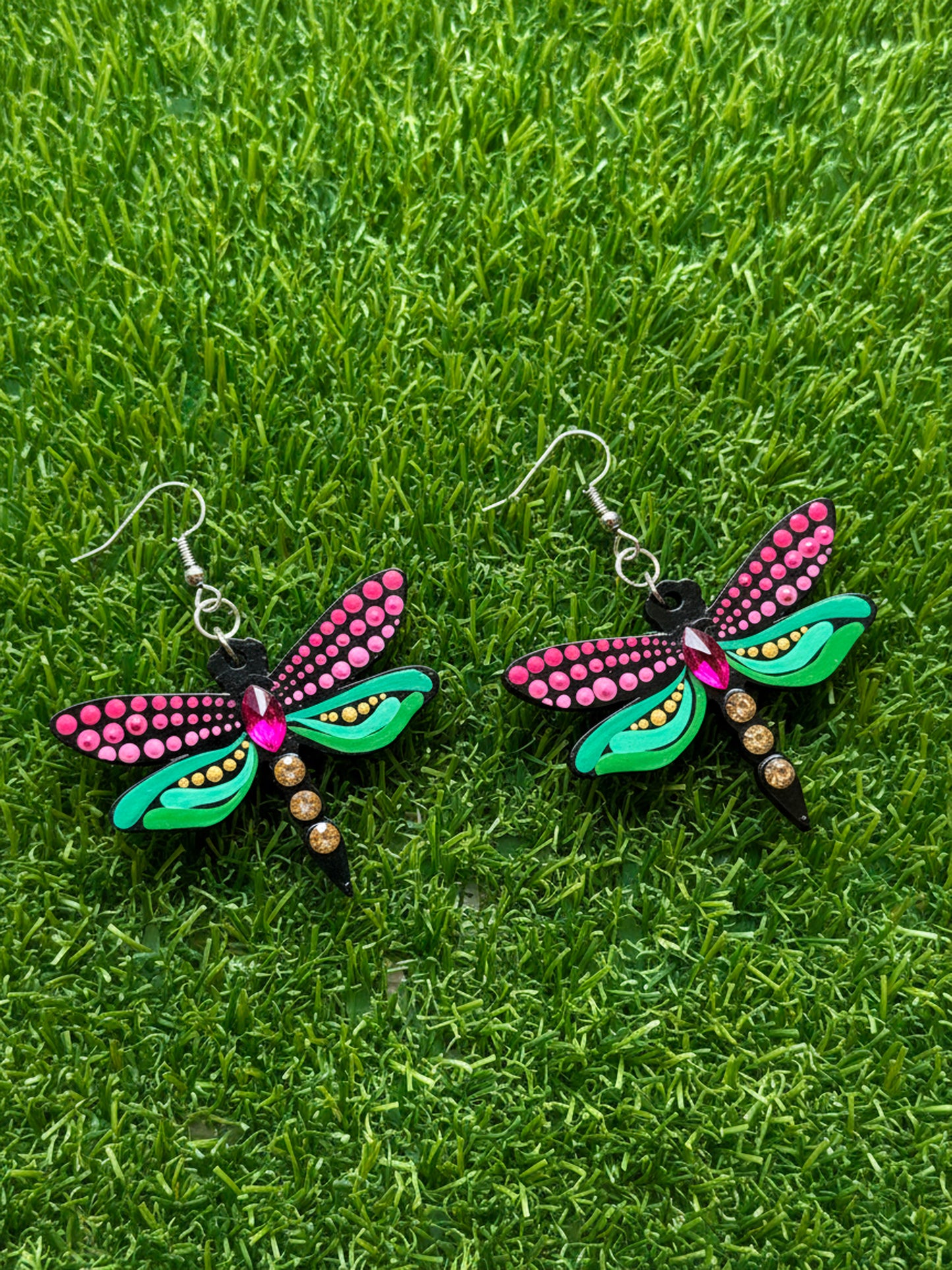 Mystic Dragonfly Mandala Earrings – Handpainted Art in Peacock Shades
