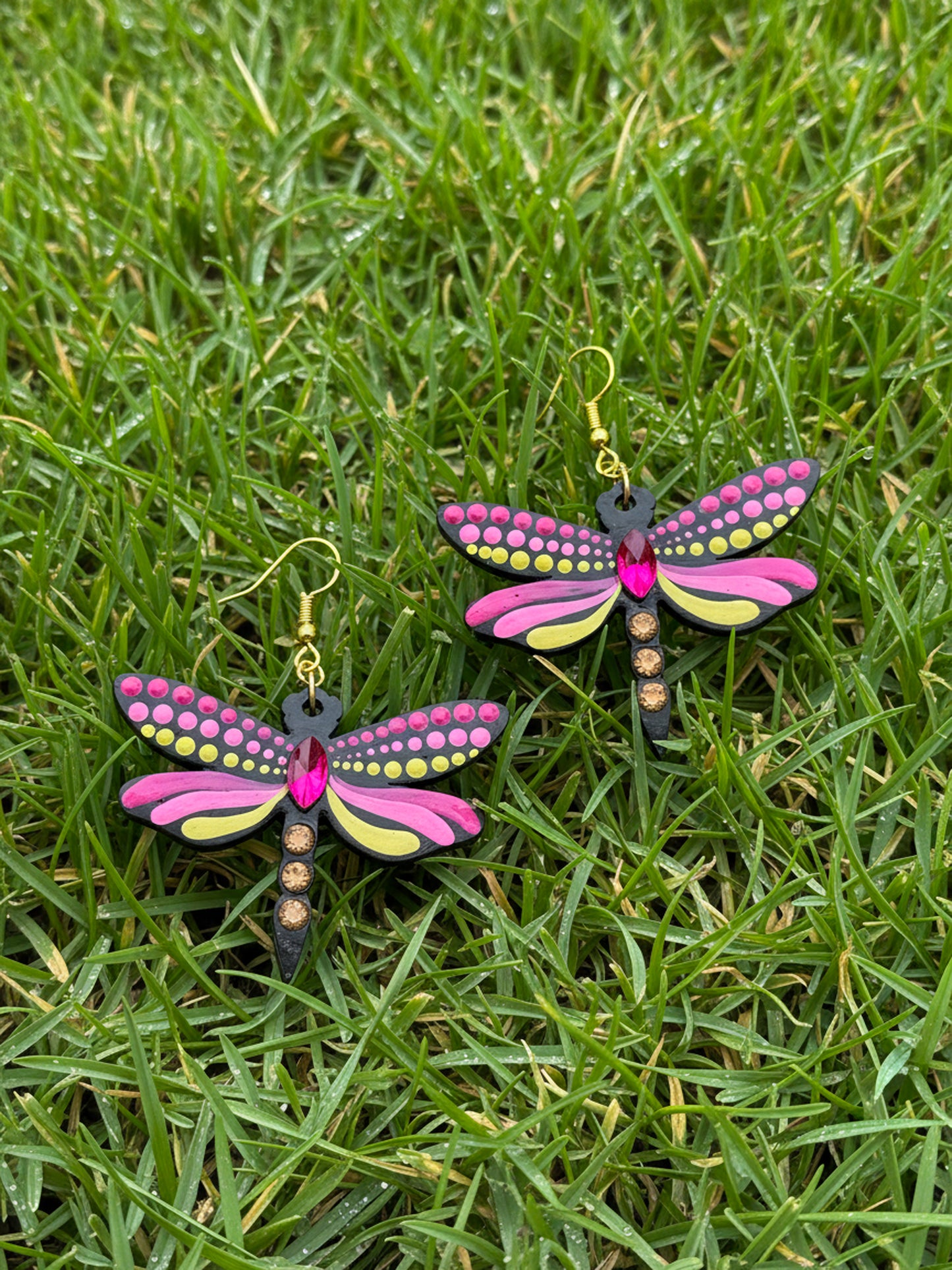 Mystic Dragonfly Mandala Earrings – Handpainted Art in Peacock Shades