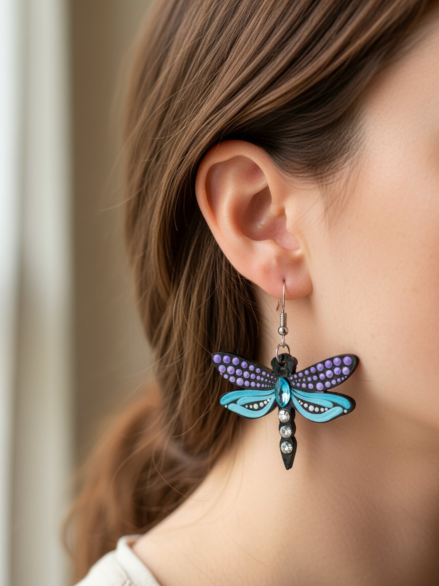 Mystic Dragonfly Mandala Earrings – Handpainted Art in Peacock Shades