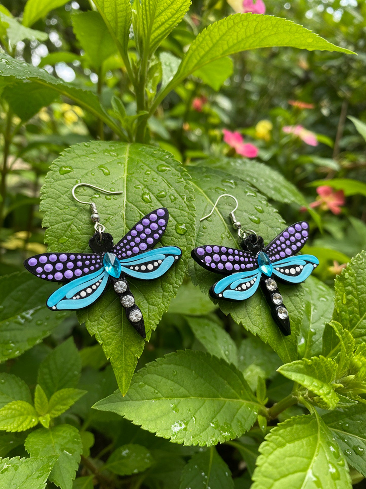 Mystic Dragonfly Mandala Earrings – Handpainted Art in Peacock Shades