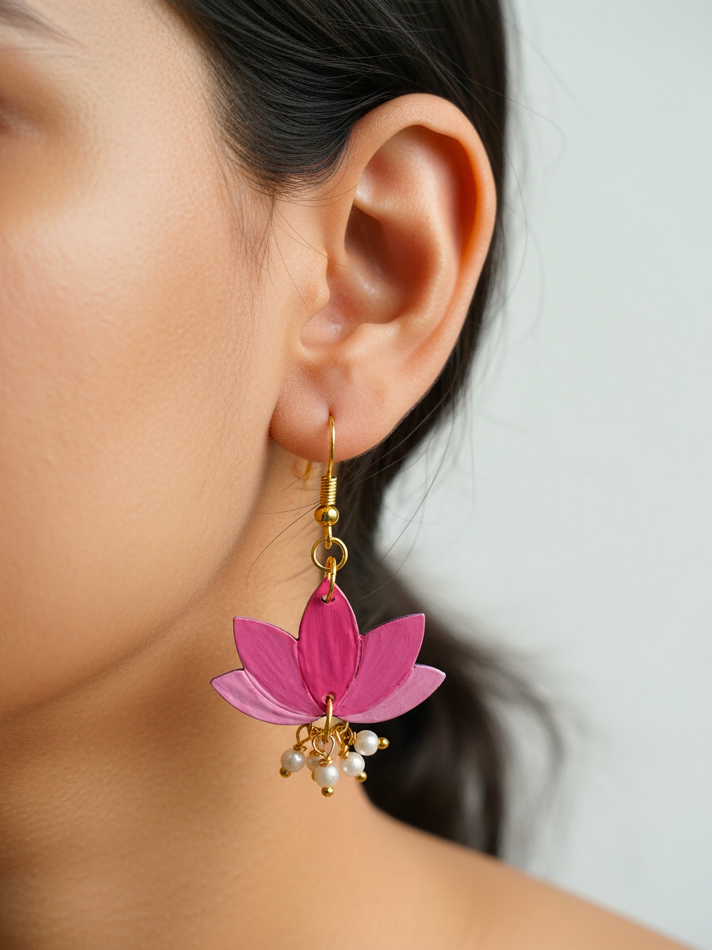 Pink Lotus Bloom Earrings – Handcrafted Elegance with Pearl Drops
