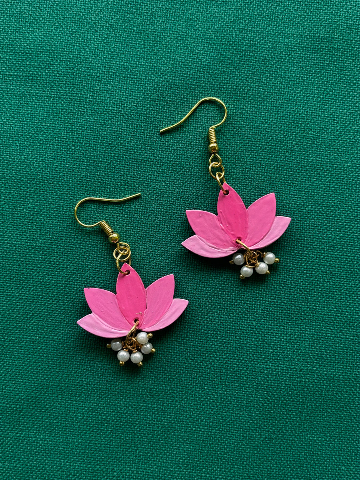 Pink Lotus Bloom Earrings – Handcrafted Elegance with Pearl Drops
