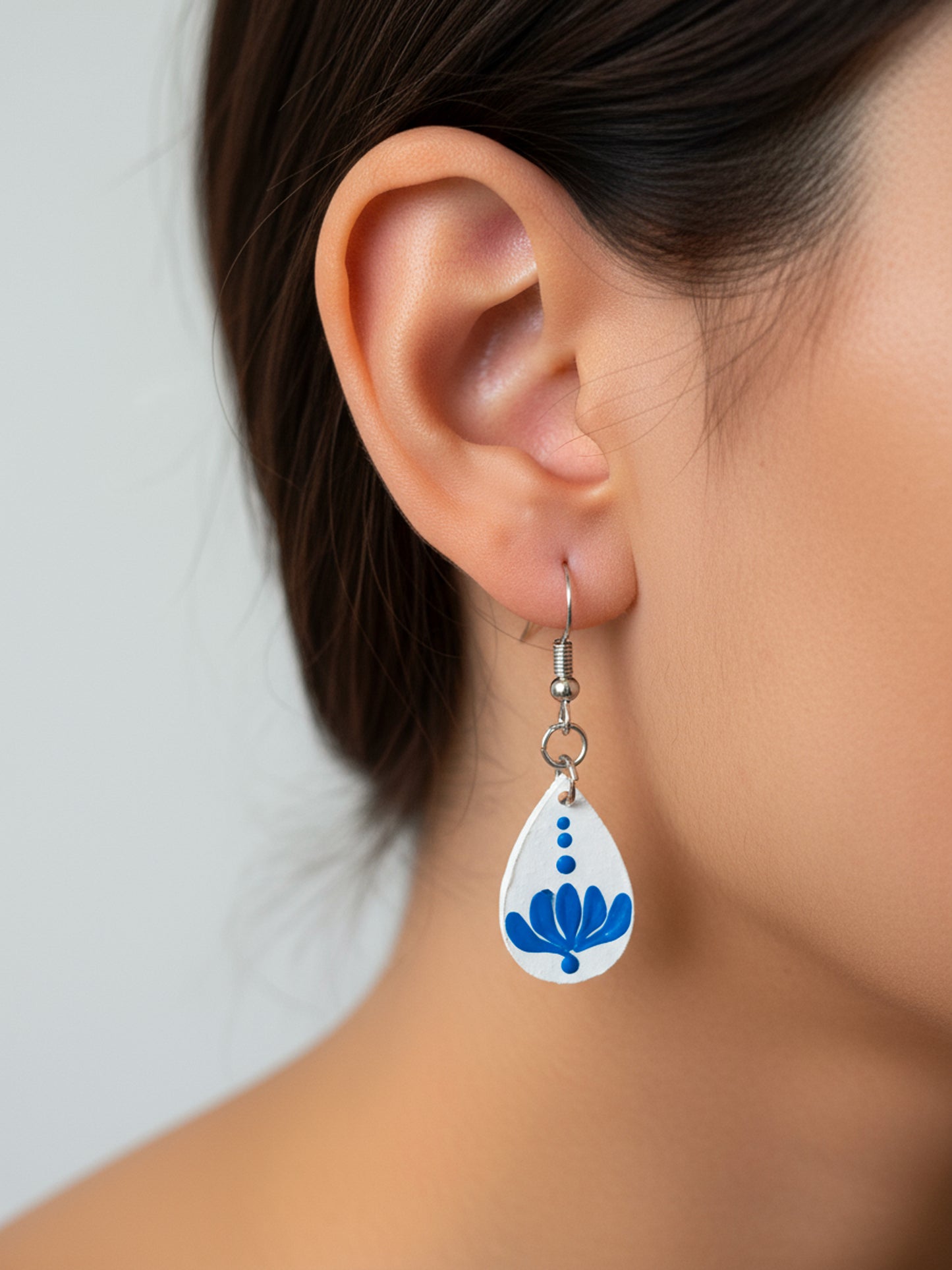 Blue Blossom Teardrop Earrings – Minimal Handpainted Mandala Charm