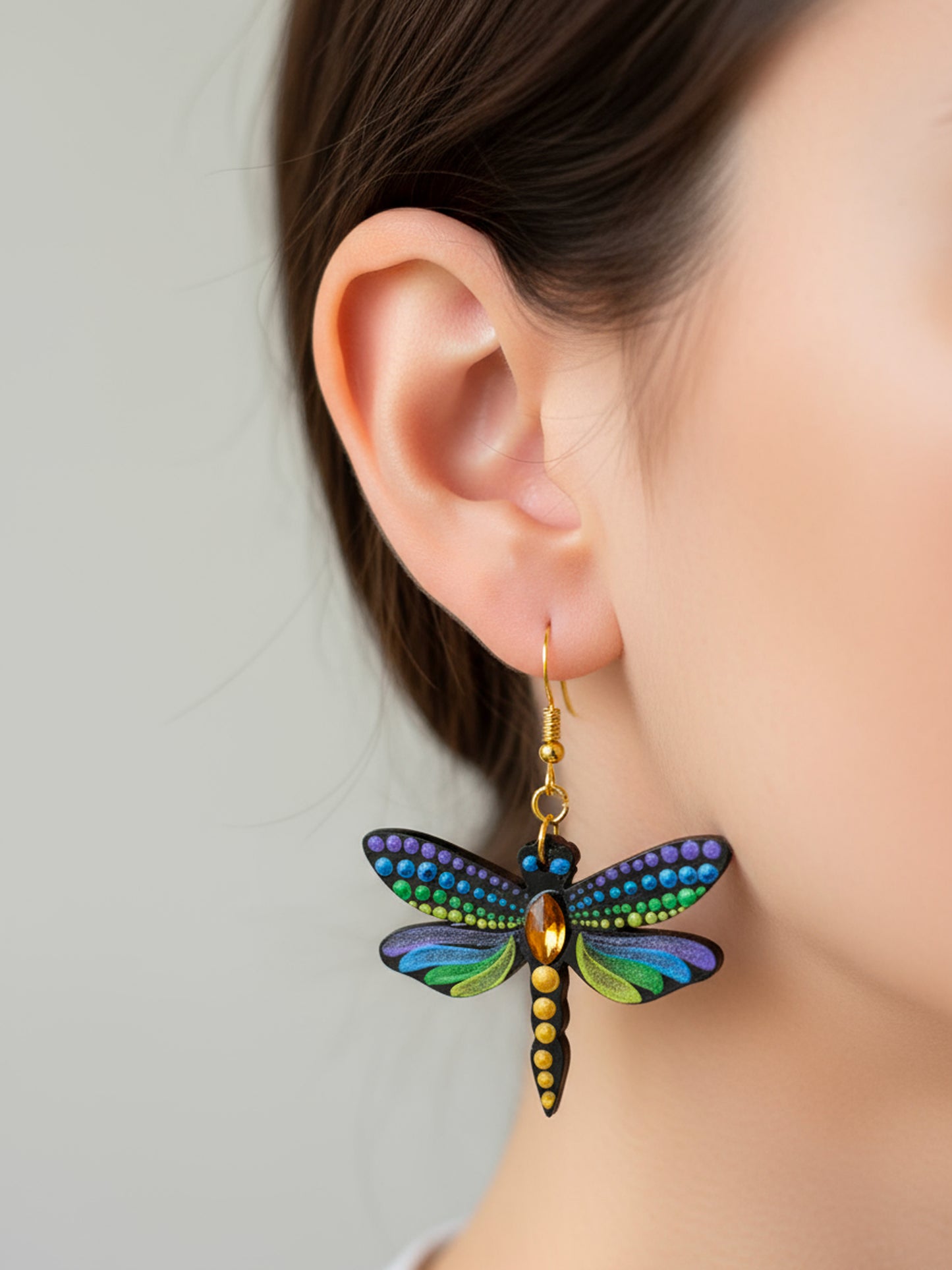 Mystic Dragonfly Mandala Earrings – Handpainted Art in Peacock Shades