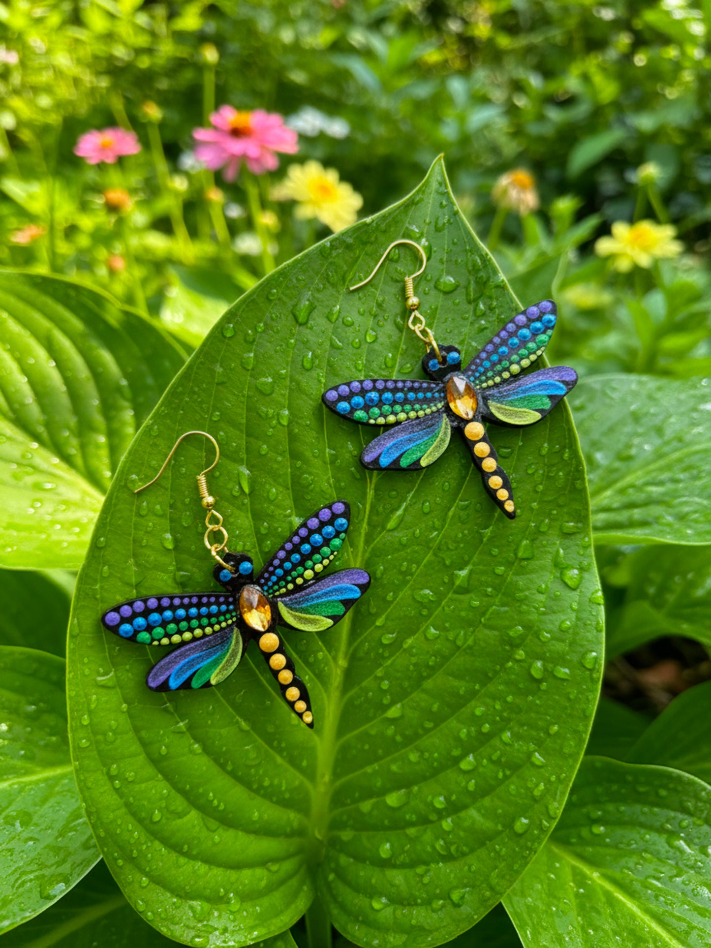 Mystic Dragonfly Mandala Earrings – Handpainted Art in Peacock Shades