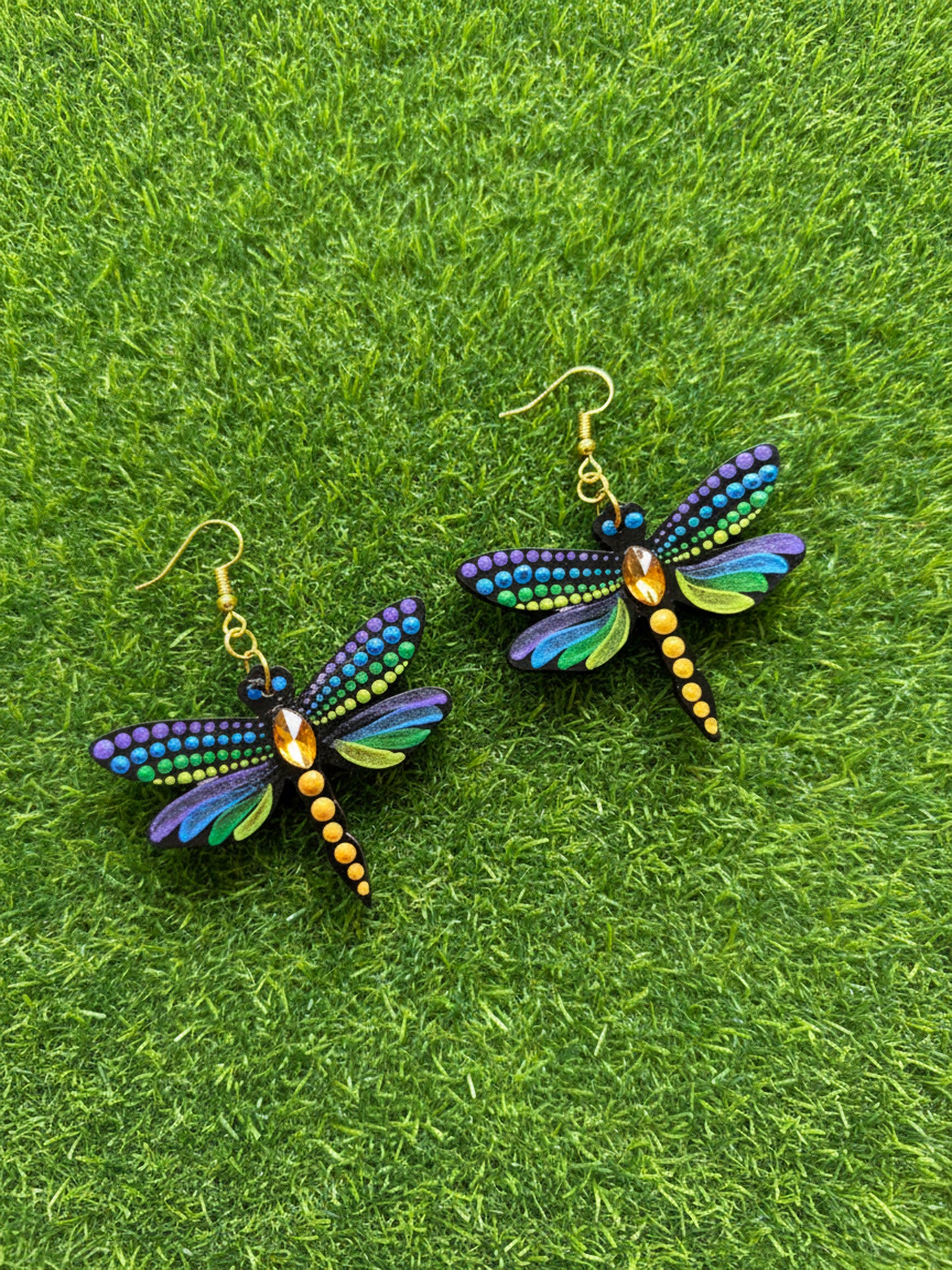 Mystic Dragonfly Mandala Earrings – Handpainted Art in Peacock Shades