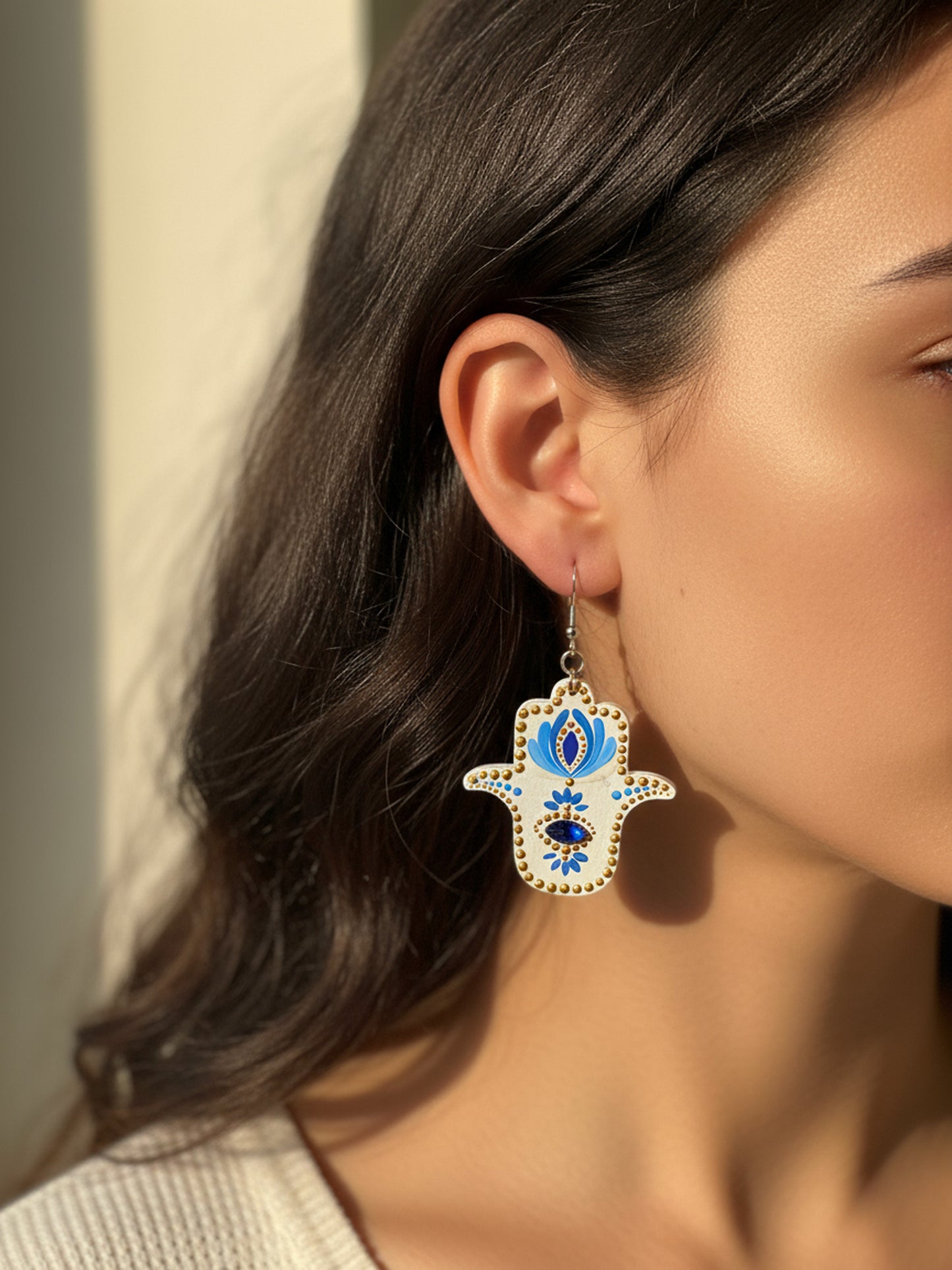 White & Blue Hamsa Hand Mandala Earrings – Touch of Gold Elegance