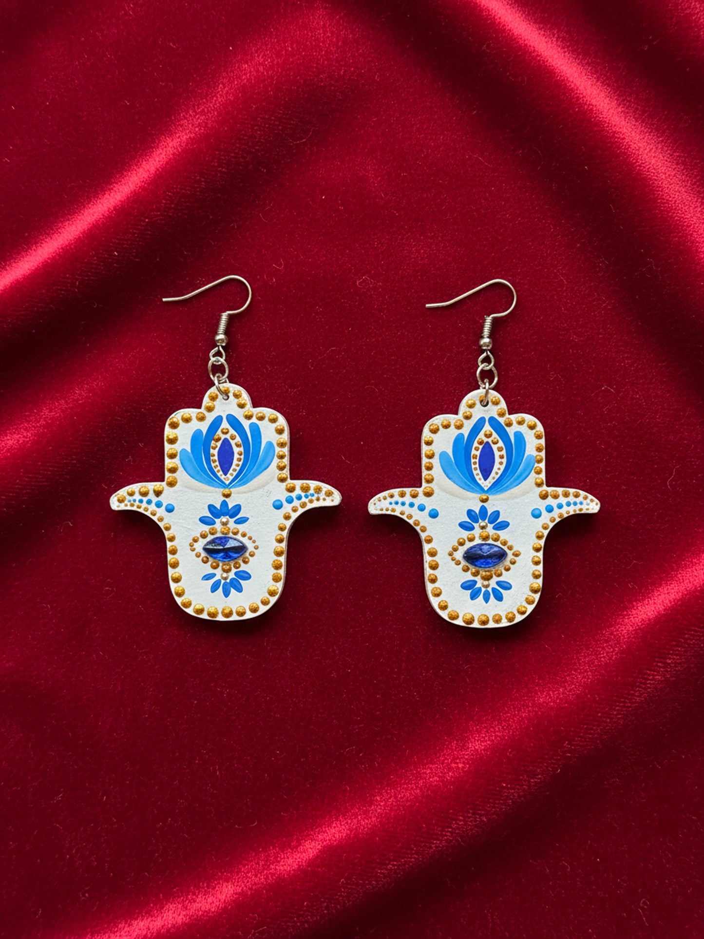 White & Blue Hamsa Hand Mandala Earrings – Touch of Gold Elegance