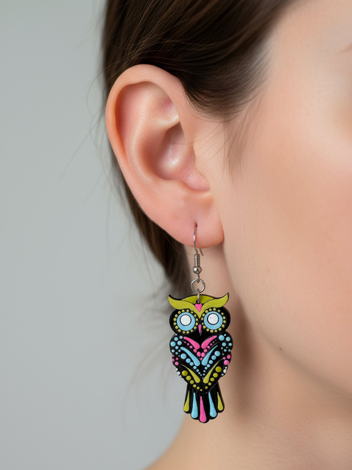 Vibrant Owl Mandala Earrings – Handpainted Boho Charm