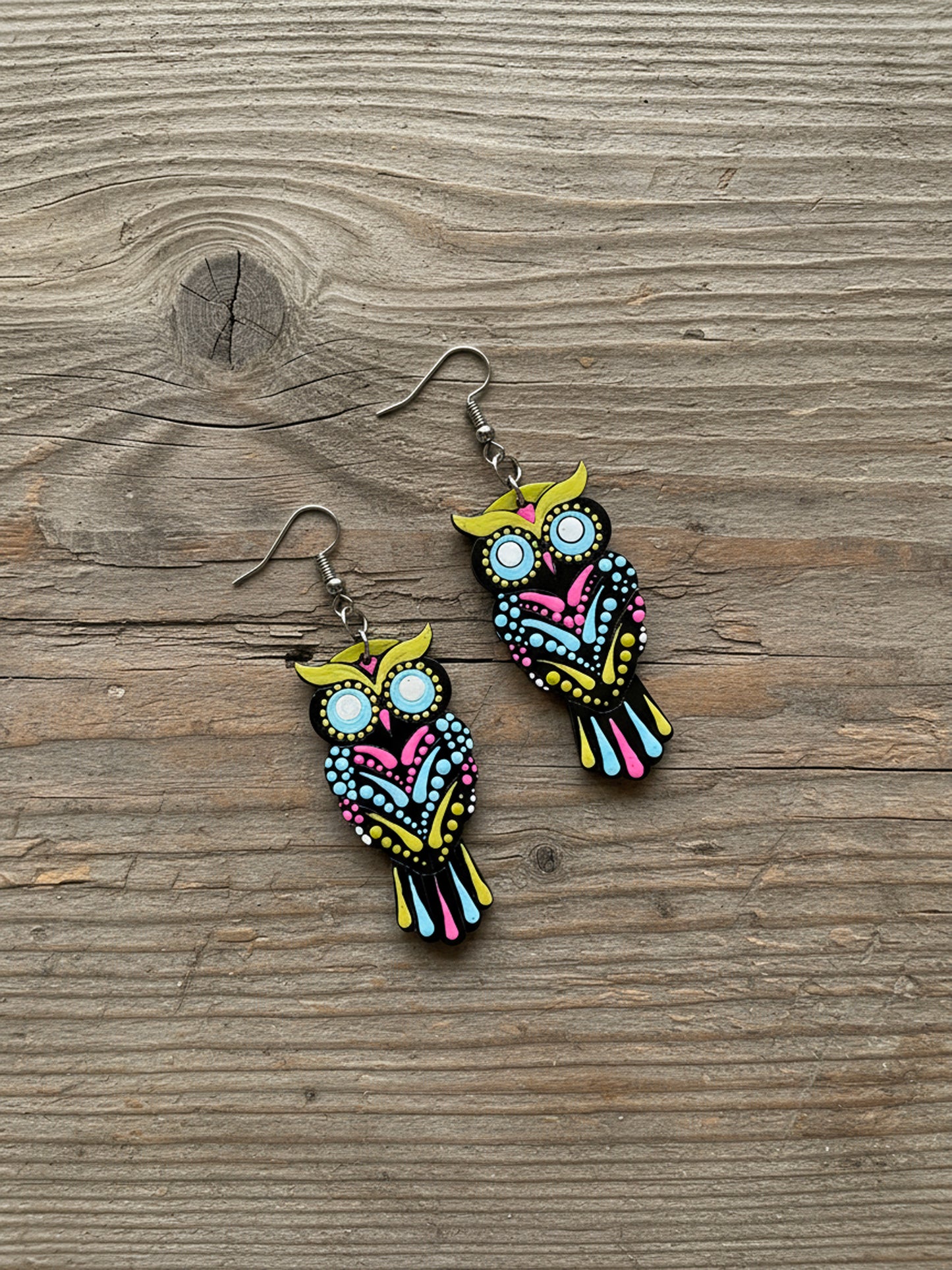 Vibrant Owl Mandala Earrings – Handpainted Boho Charm