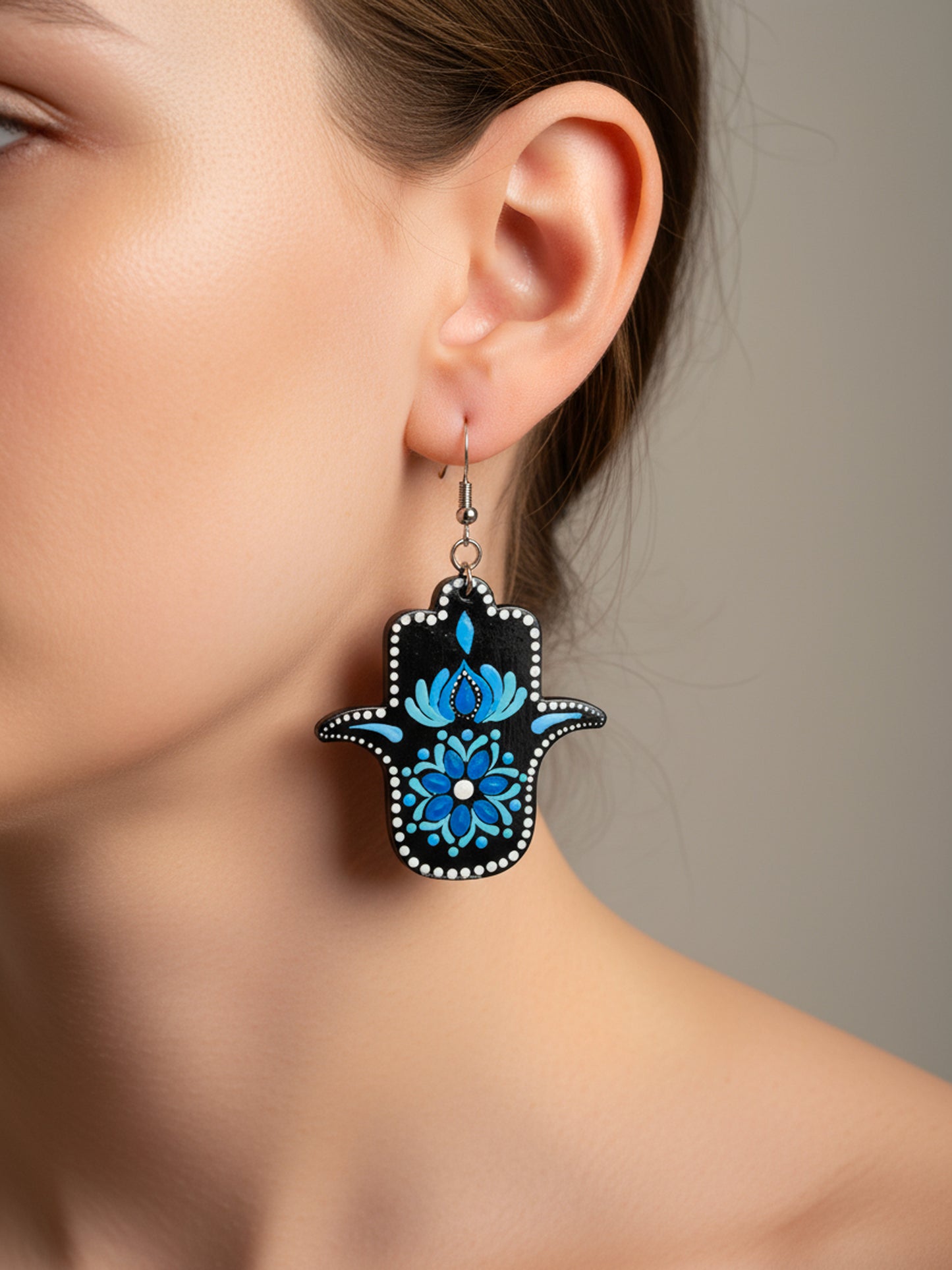 Hamsa Hand Dot Mandala Earrings – Shades of Blue