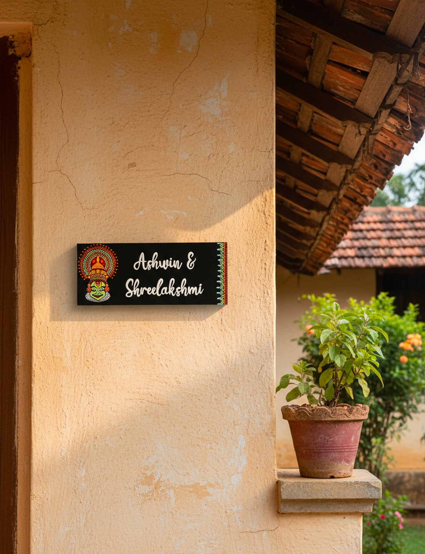 Hand-Painted Kathakali Theme Nameplate – Dot Mandala Art (Customizable)