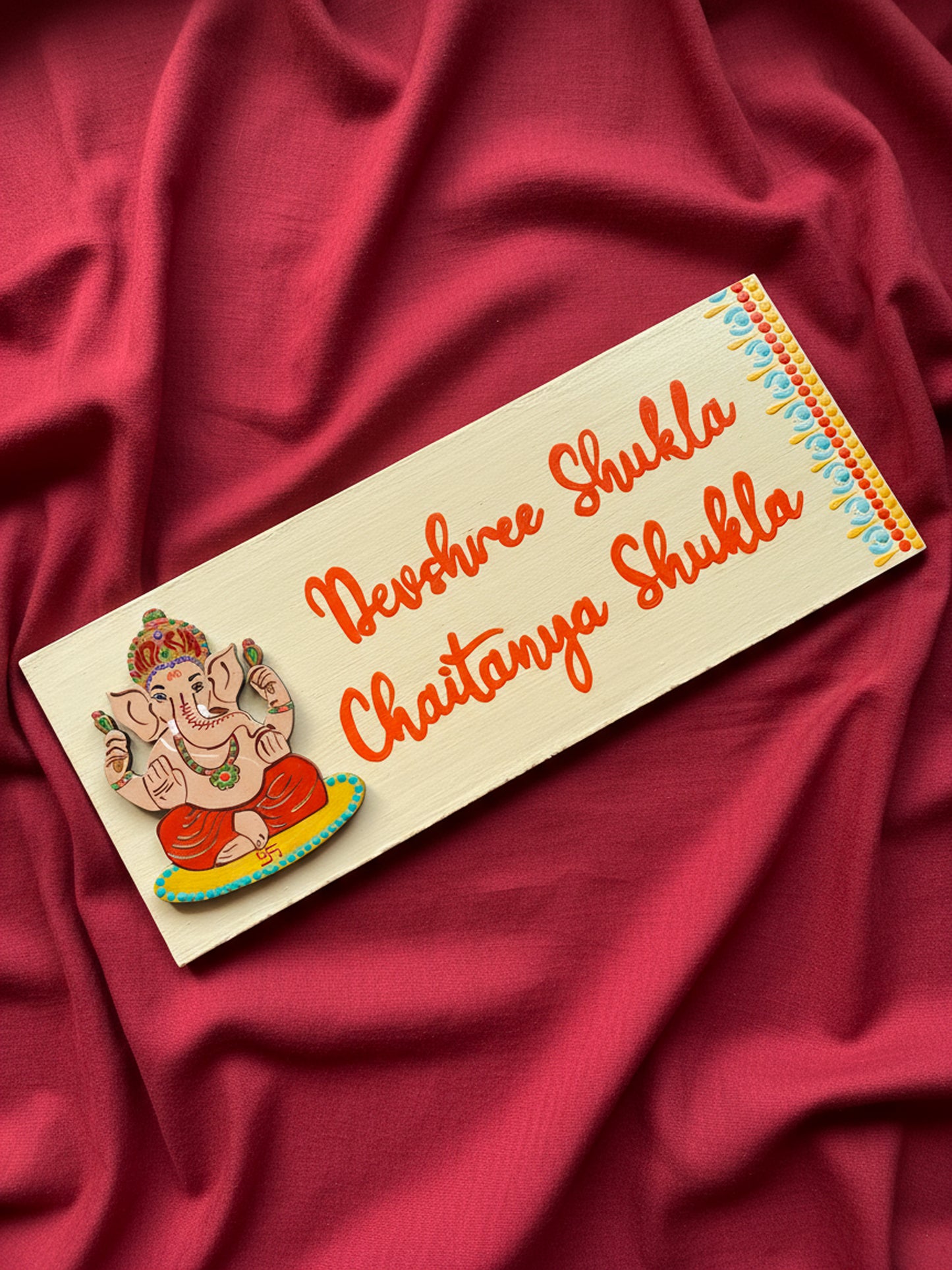 Hand-Painted Wooden Nameplate with Lord Ganesha – Customized Dot Mandala Art
