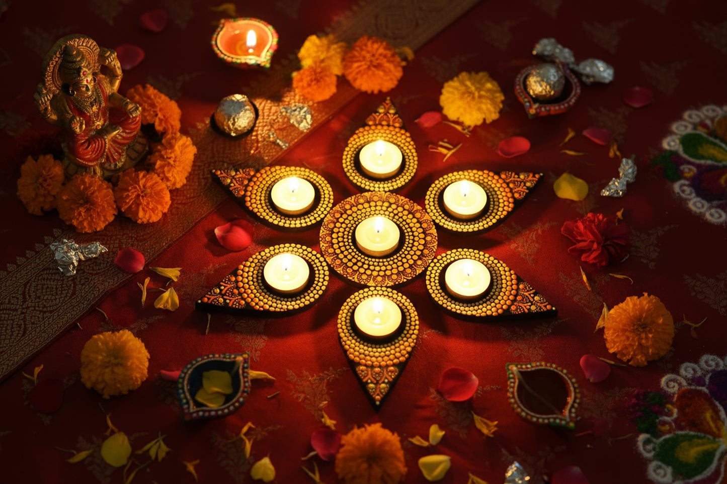 Decorative Dot Mandala Art Set – Eco-Friendly Wooden Candle Holders