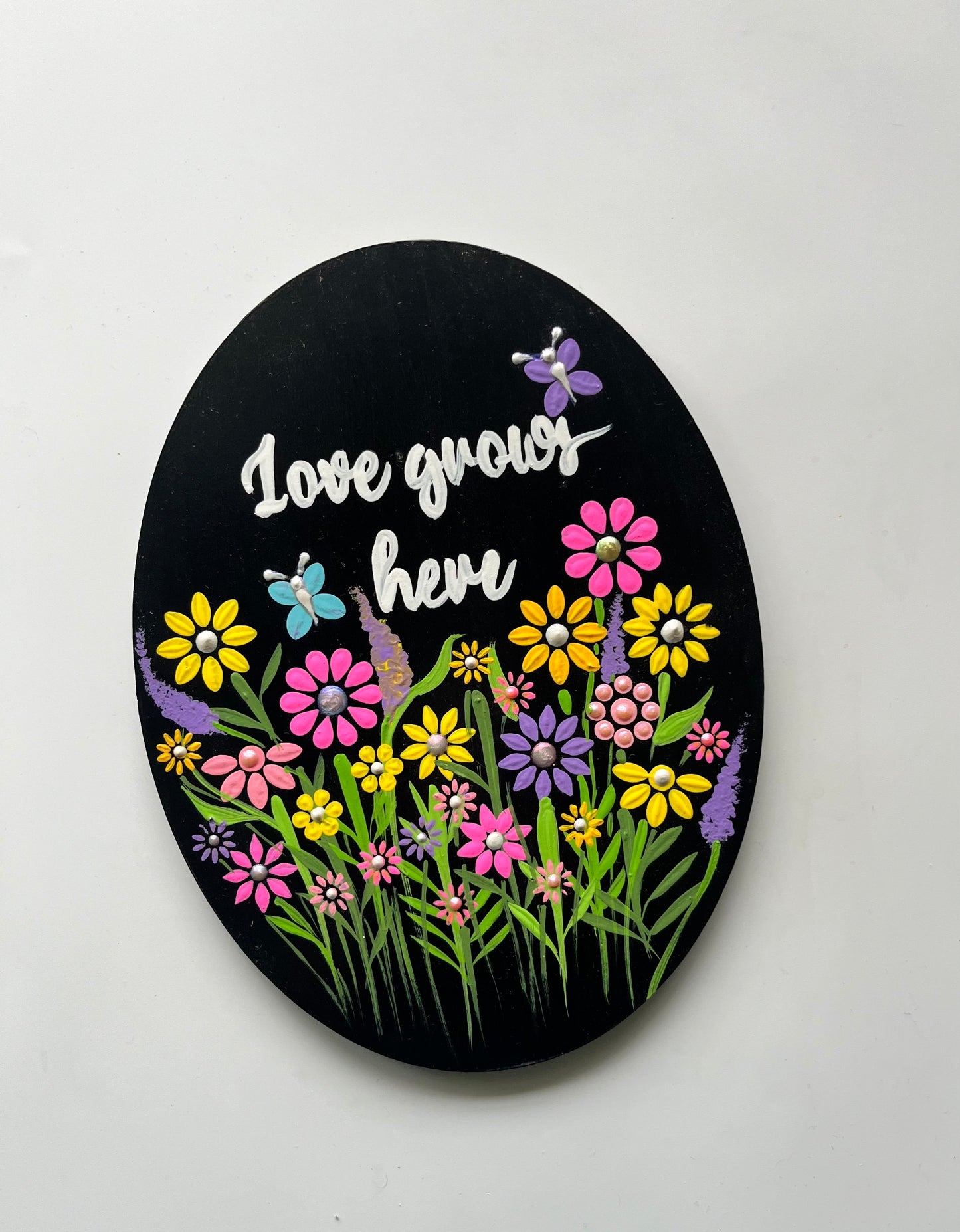 Hand-Painted Floral Dot Mandala Wall Hanging – “Love Grows Here”