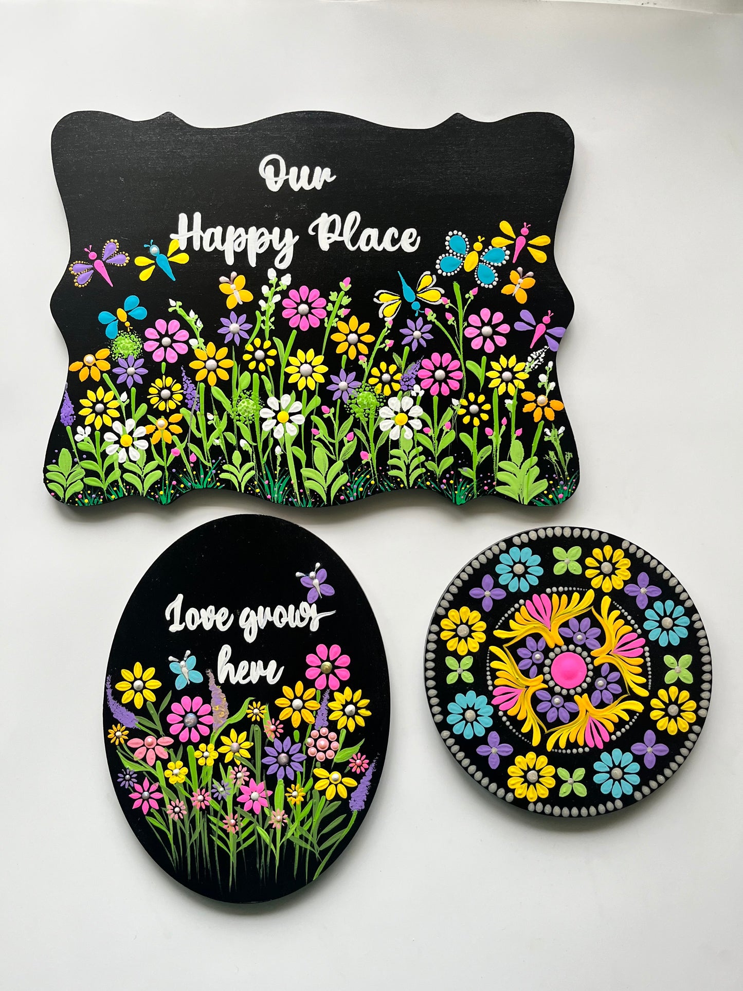 Hand-Painted Floral & Mandala Dot Art Wall Decor – Set of 3