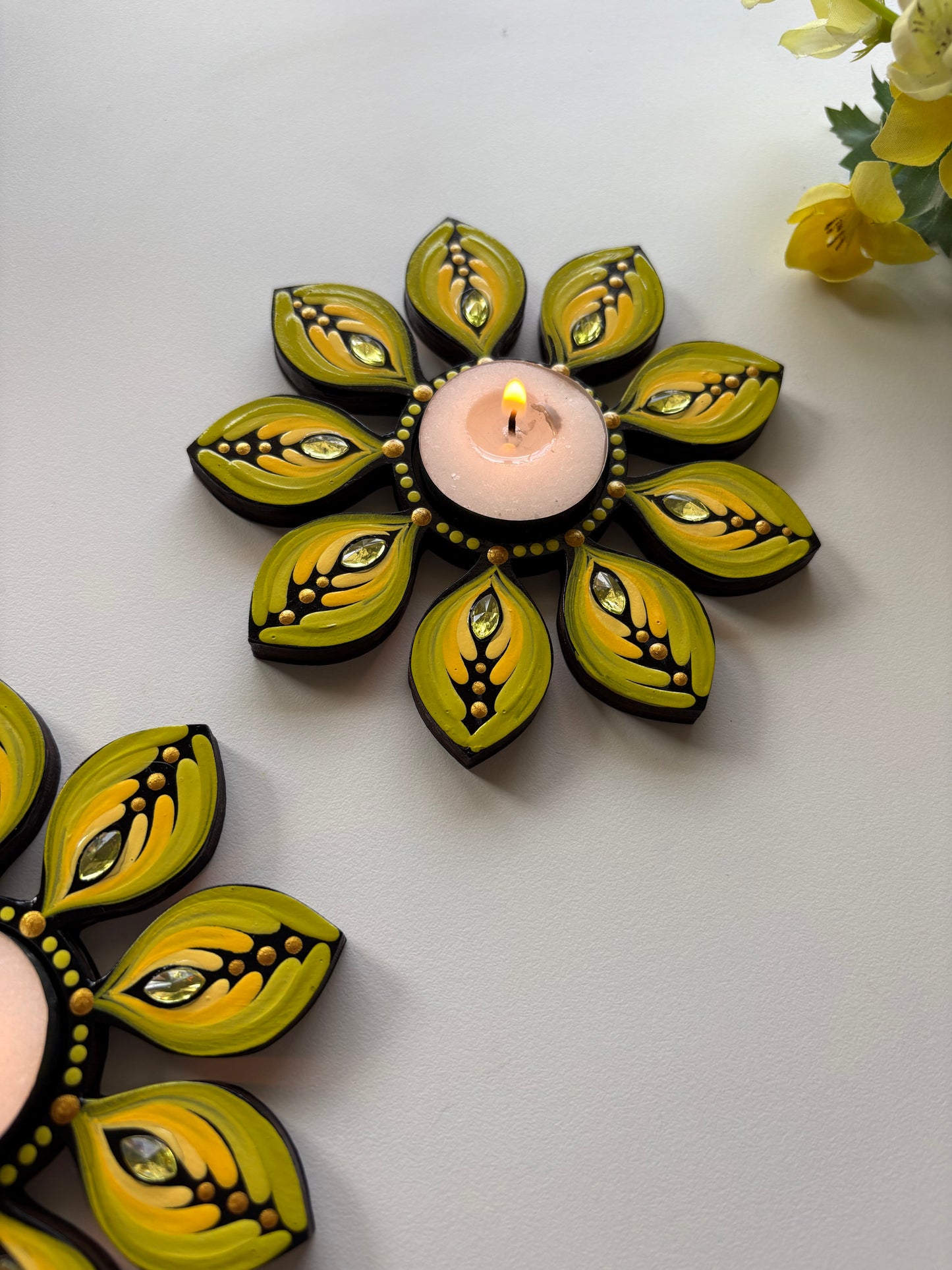 Golden Glow – Hand-Painted Floral Tealight Holder