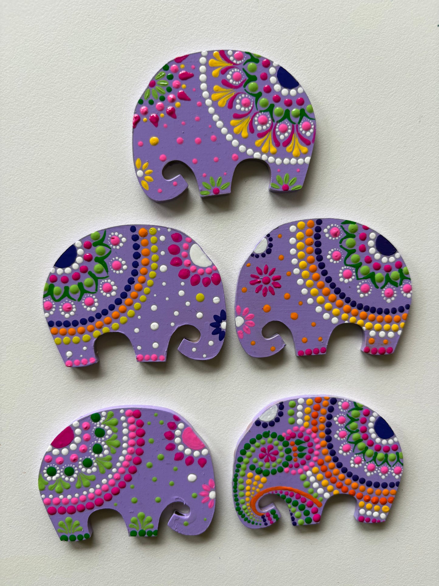 Lavender Bliss Elephants – Hand-Painted Mandala Dot Art Magnets