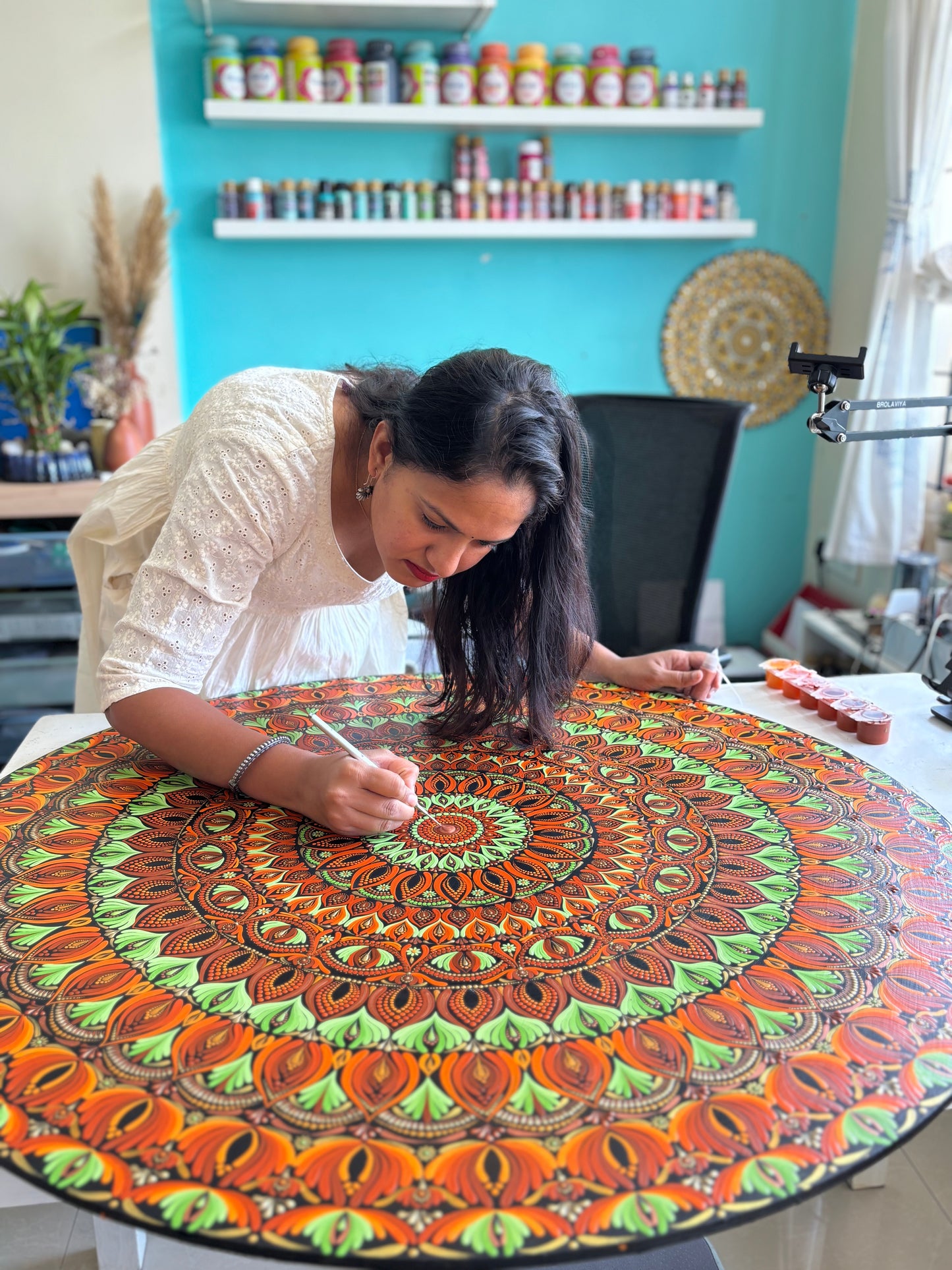 Hand-Painted 3ft Mandala Wall Art – Intricate Dot Art in Orange & Green | Large Statement Home Décor