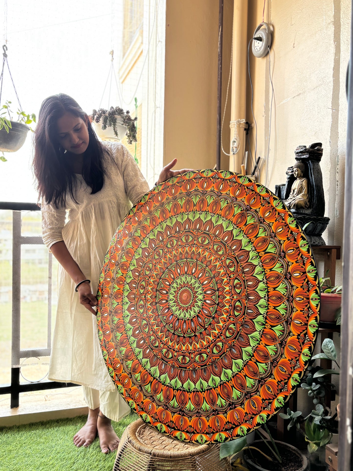 Hand-Painted 3ft Mandala Wall Art – Intricate Dot Art in Orange & Green | Large Statement Home Décor