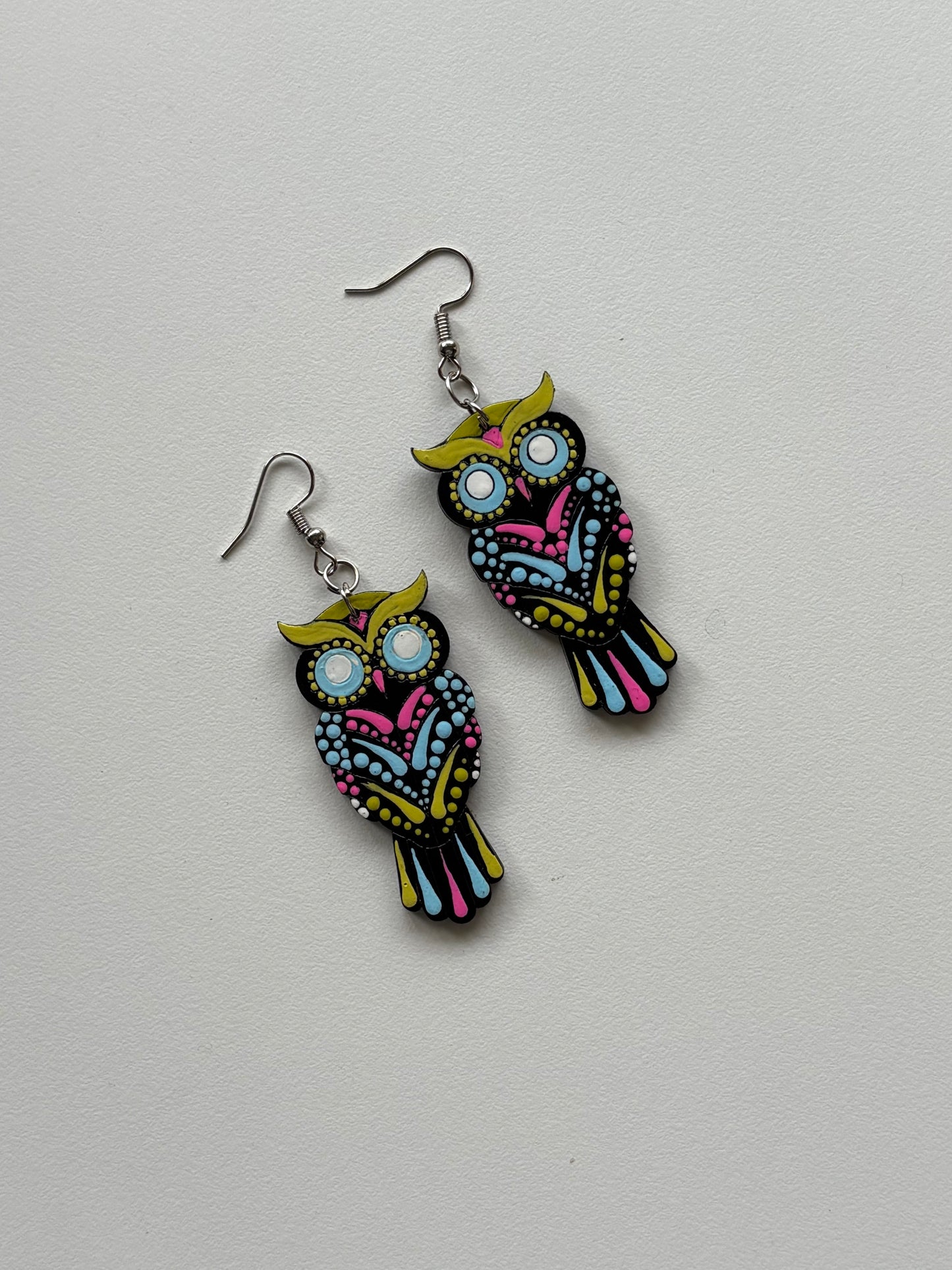 Vibrant Owl Mandala Earrings – Handpainted Boho Charm