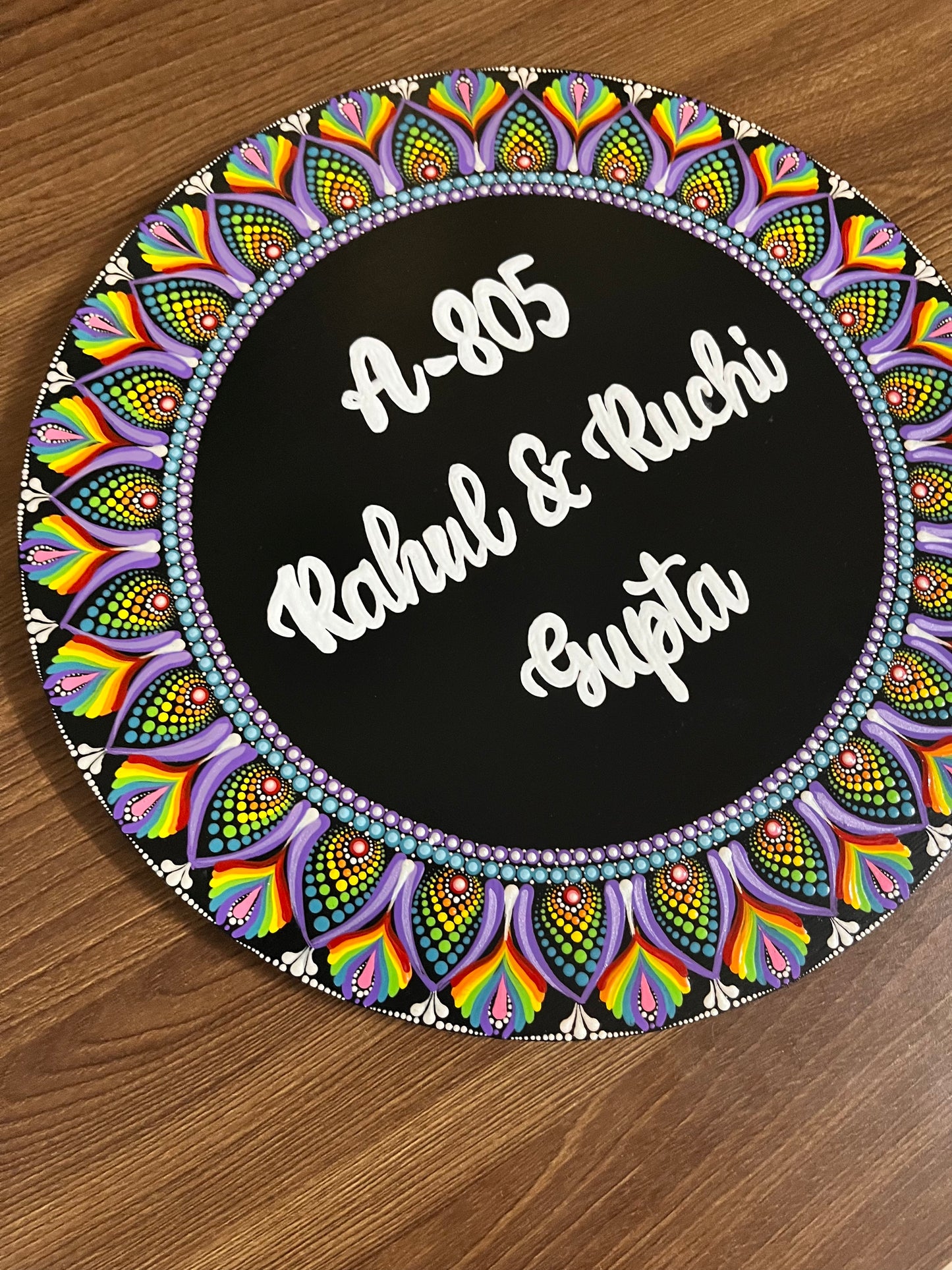 Rainbow Dot Mandala Circular Nameplate – 12 inch – Custom Hand-painted Door Plate