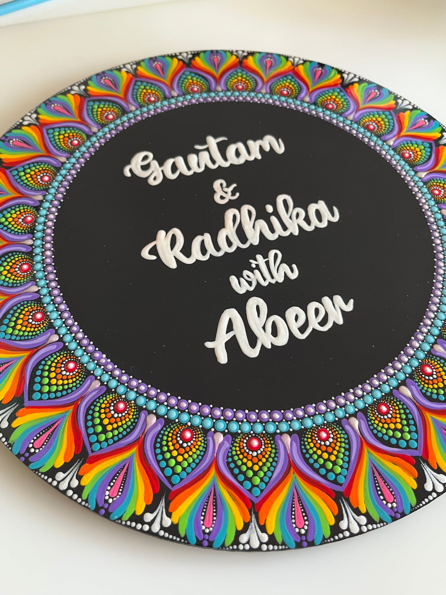 Rainbow Dot Mandala Circular Nameplate – 12 inch – Custom Hand-painted Door Plate