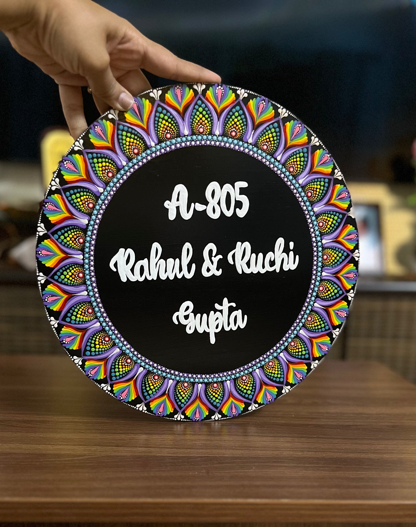 Rainbow Dot Mandala Circular Nameplate – 12 inch – Custom Hand-painted Door Plate