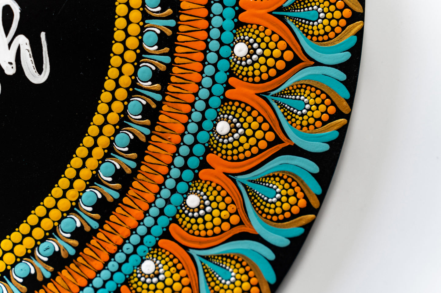 Orange & Teal Floral Dot Mandala Round Nameplate – 16" – Hand-painted Personalized Door/Wall Sign