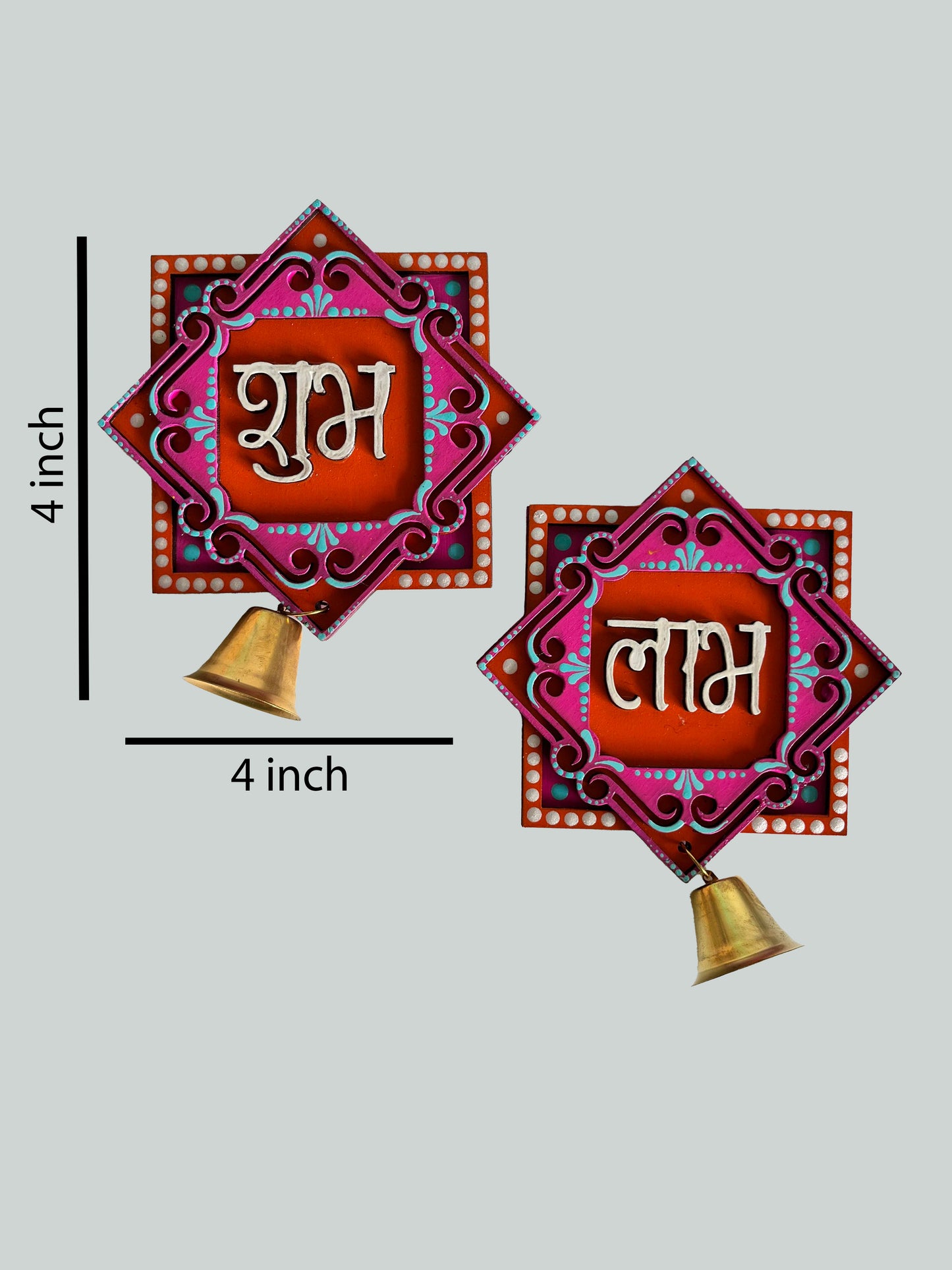 Handpainted Shubh Labh Wall Hanging with Decorative Bells – Orange & Pink Square (4x4 Inch)