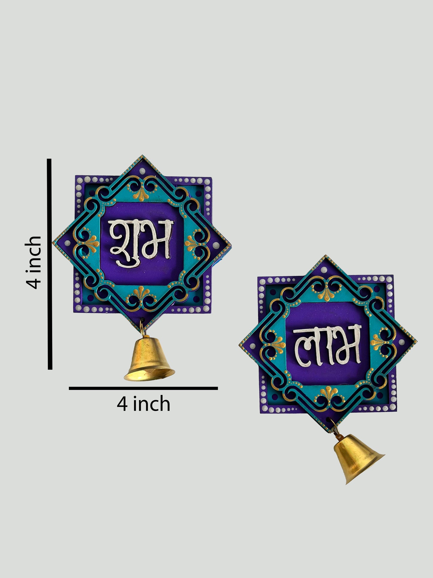 Handpainted Shubh Labh Wall Hanging with Decorative Bells – Turquoise & Purple Square (4x4 Inch)