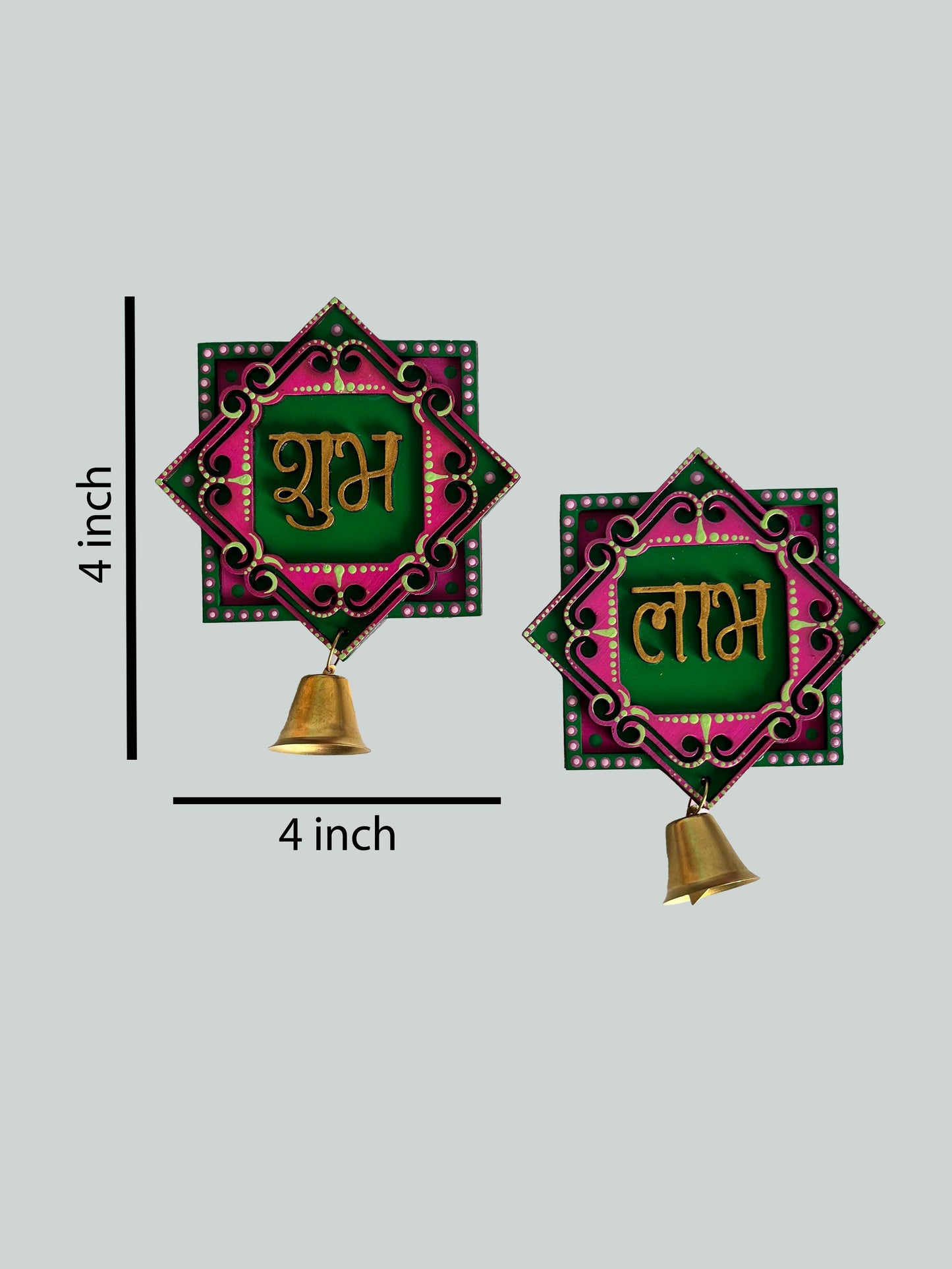 Handpainted Shubh Labh Wall Hanging with Decorative Bells – Pink & Green Square (4x4 Inch)