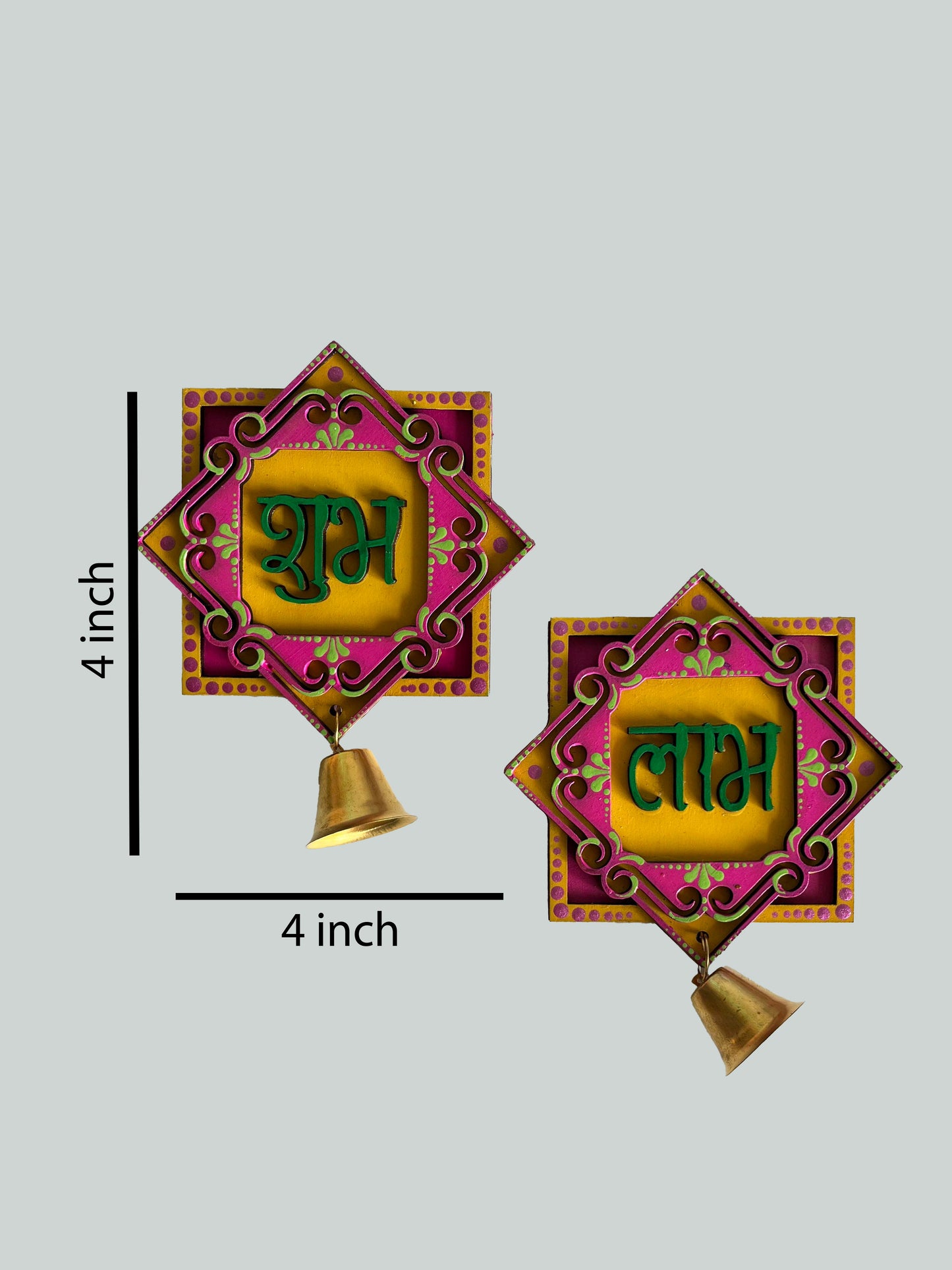 Handpainted Shubh Labh Wall Hanging with Decorative Bells – Pink & yellow Square (4x4 Inch)
