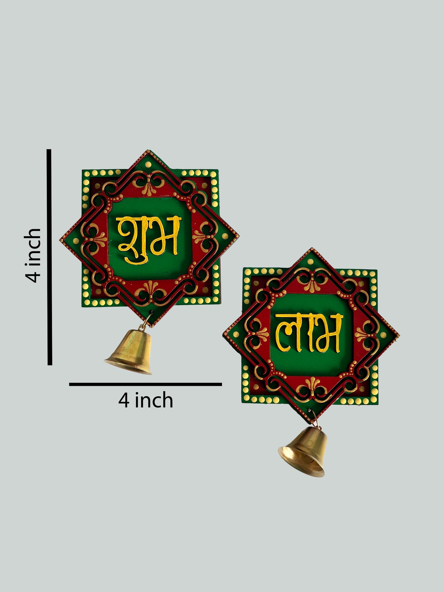 Handpainted Shubh Labh Wall Hanging with Decorative Bells – Red & Green Square (4x4 Inch)