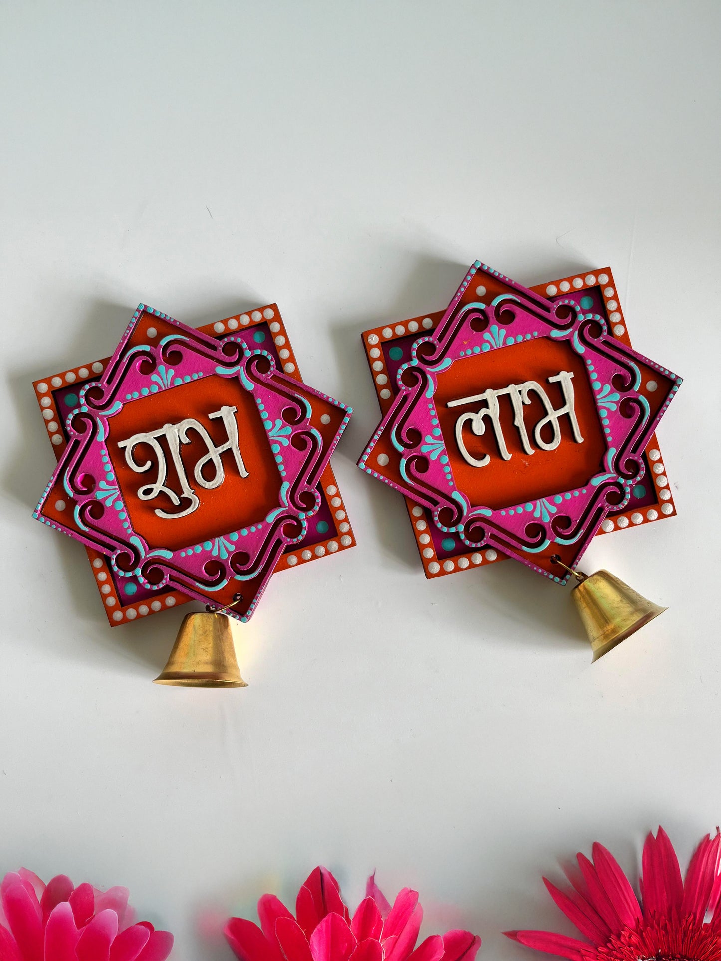Handpainted Shubh Labh Wall Hanging with Decorative Bells – Orange & Pink Square (4x4 Inch)