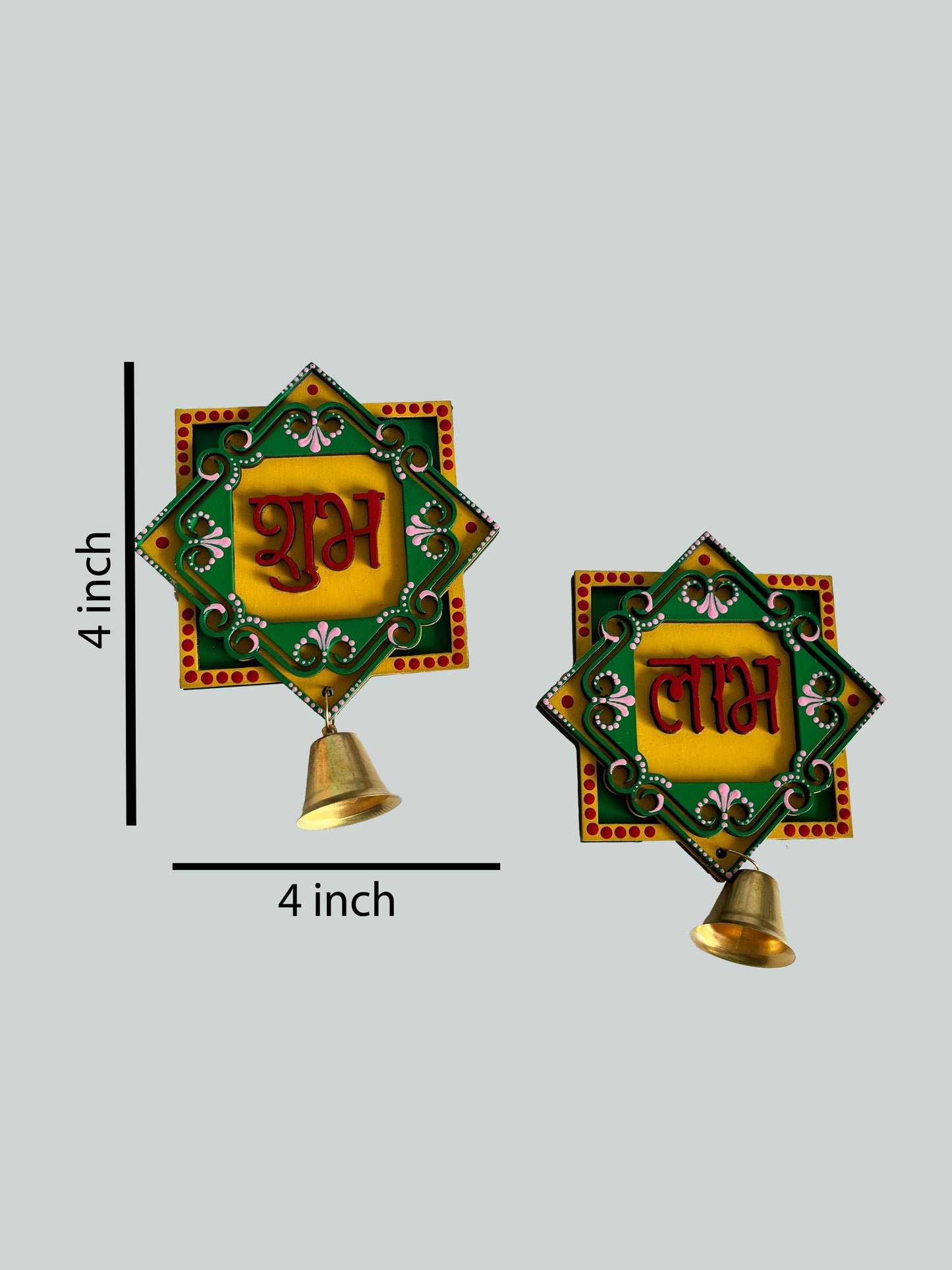 Handpainted Shubh Labh Wall Hanging with Decorative Bells – Green & Yellow Square (4x4 Inch)