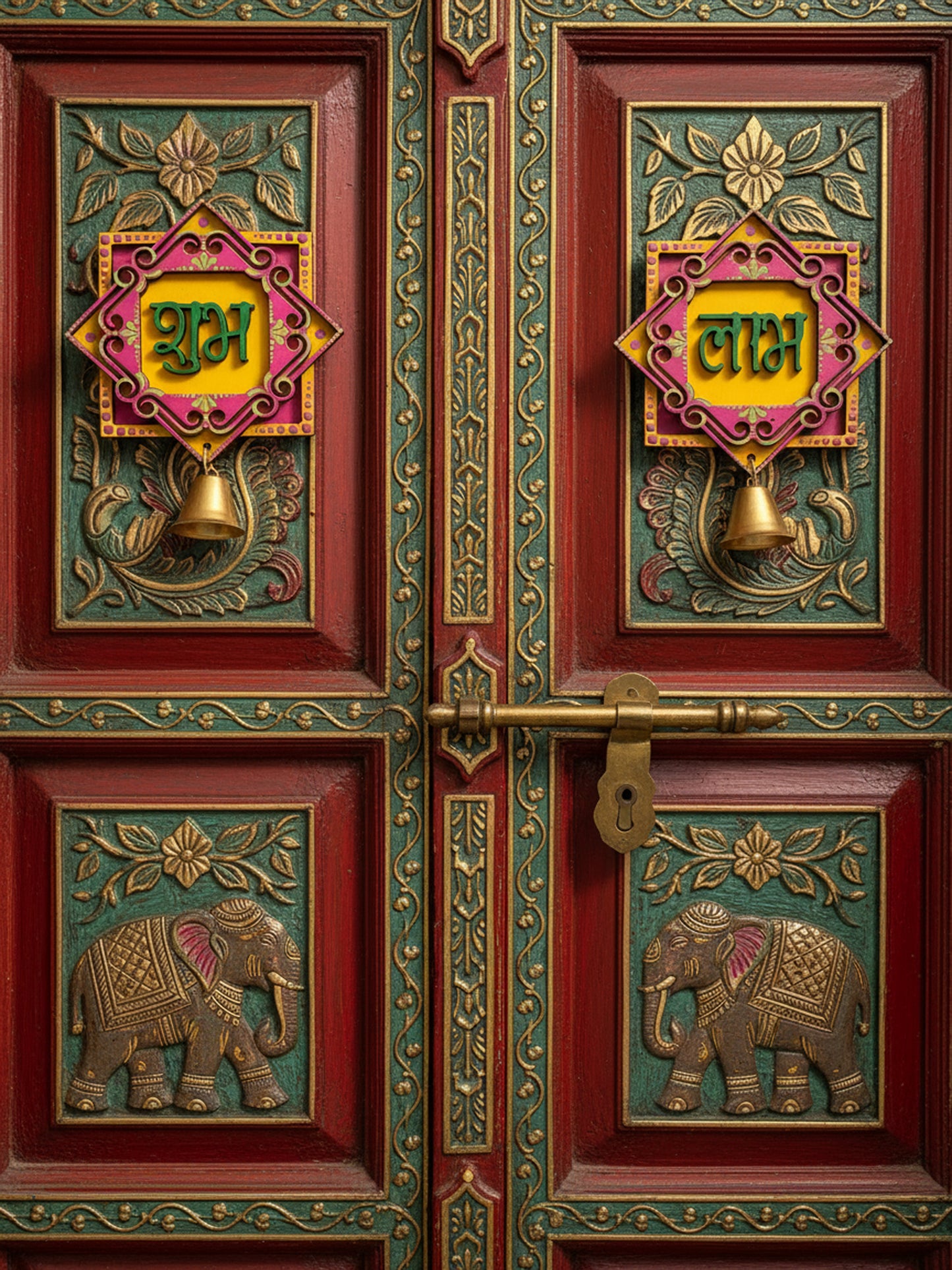 Handpainted Shubh Labh Wall Hanging with Decorative Bells – Pink & yellow Square (4x4 Inch)
