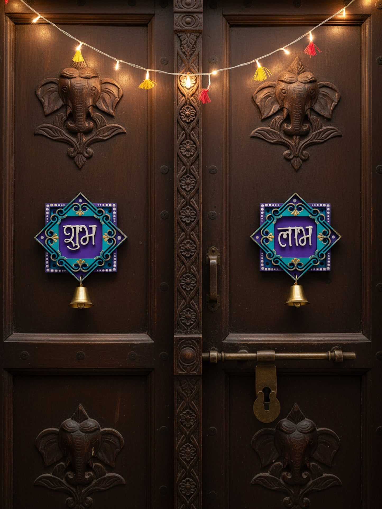 Handpainted Shubh Labh Wall Hanging with Decorative Bells – Turquoise & Purple Square (4x4 Inch)