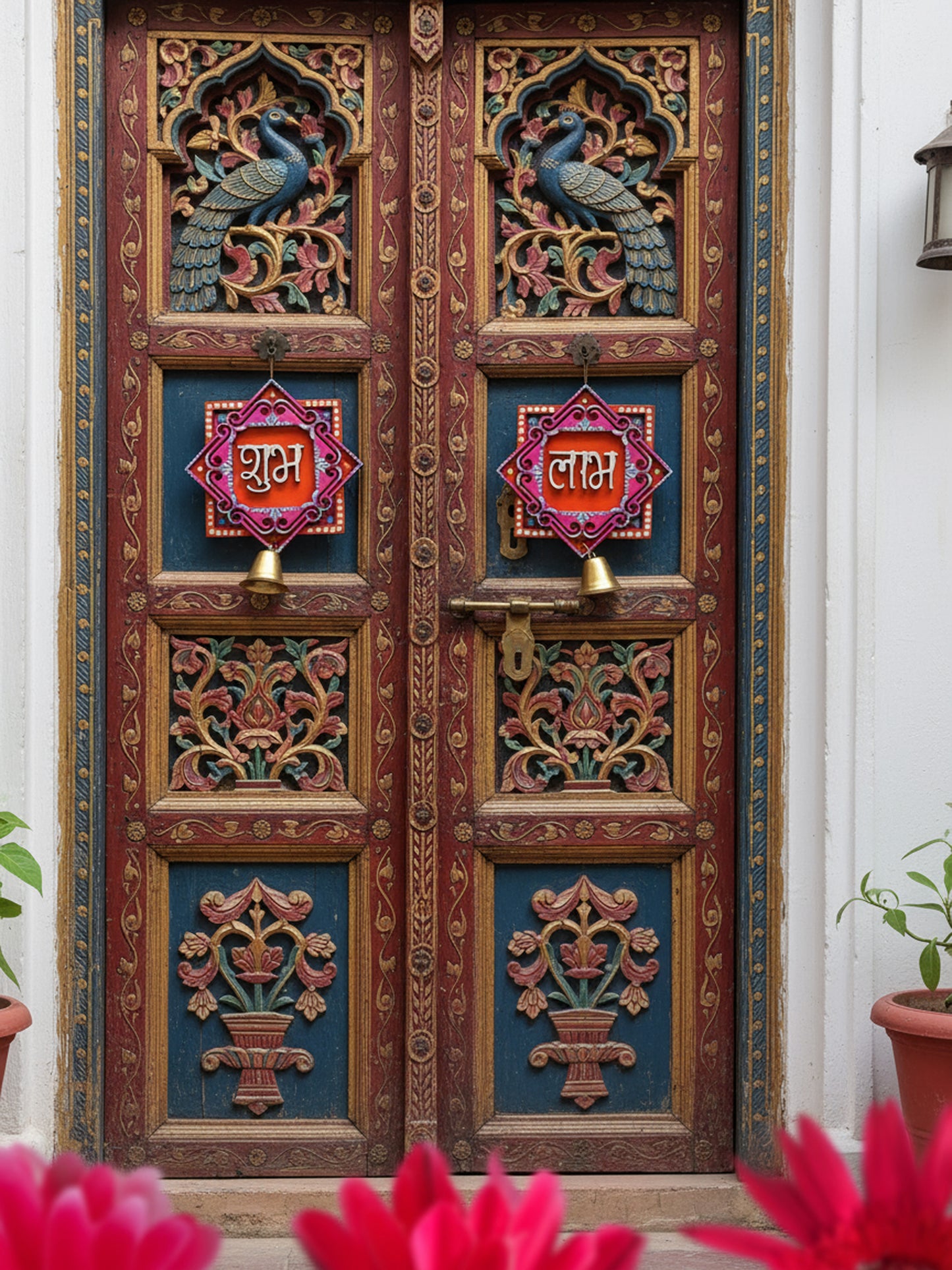 Handpainted Shubh Labh Wall Hanging with Decorative Bells – Orange & Pink Square (4x4 Inch)