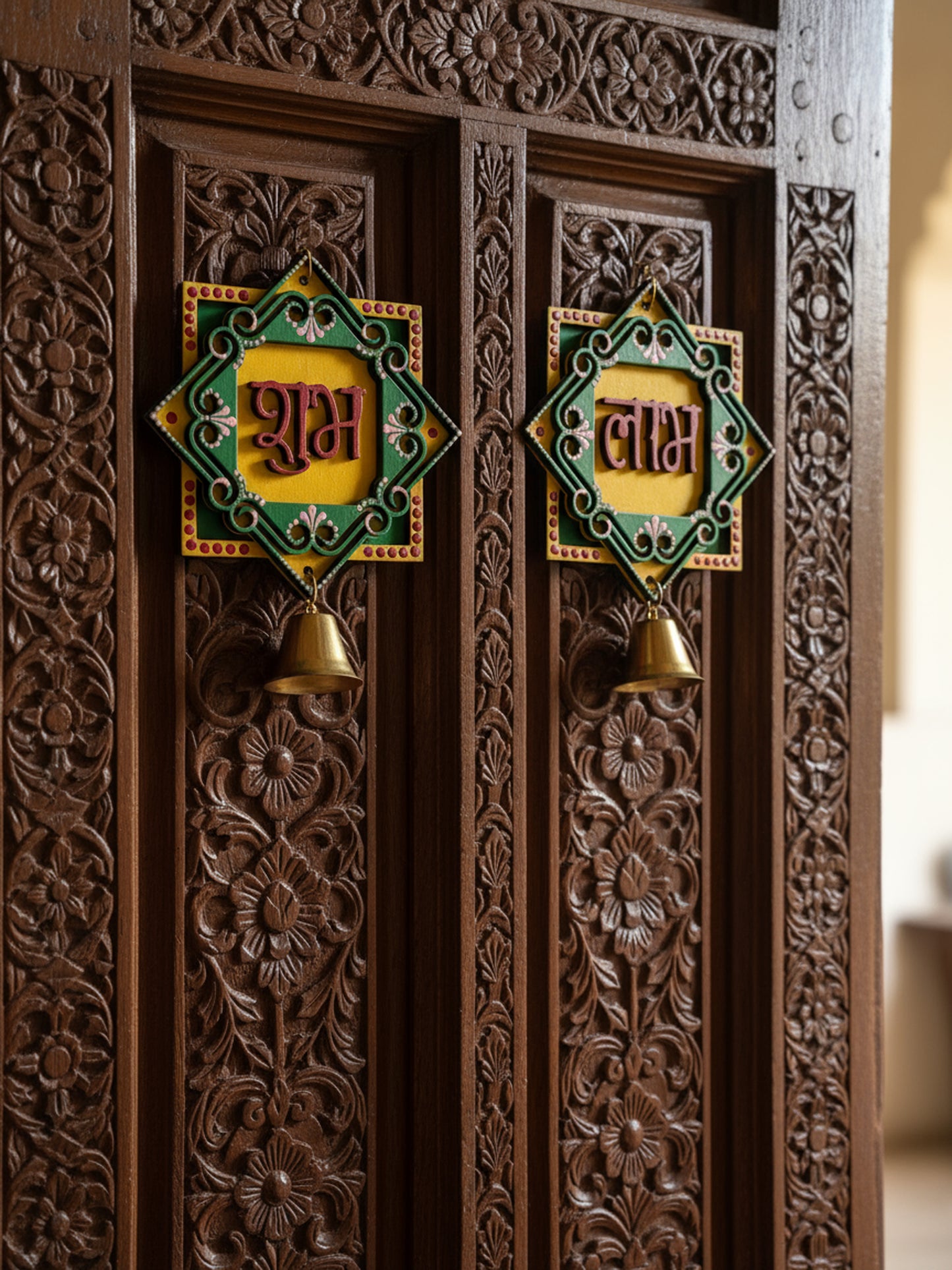 Handpainted Shubh Labh Wall Hanging with Decorative Bells – Green & Yellow Square (4x4 Inch)